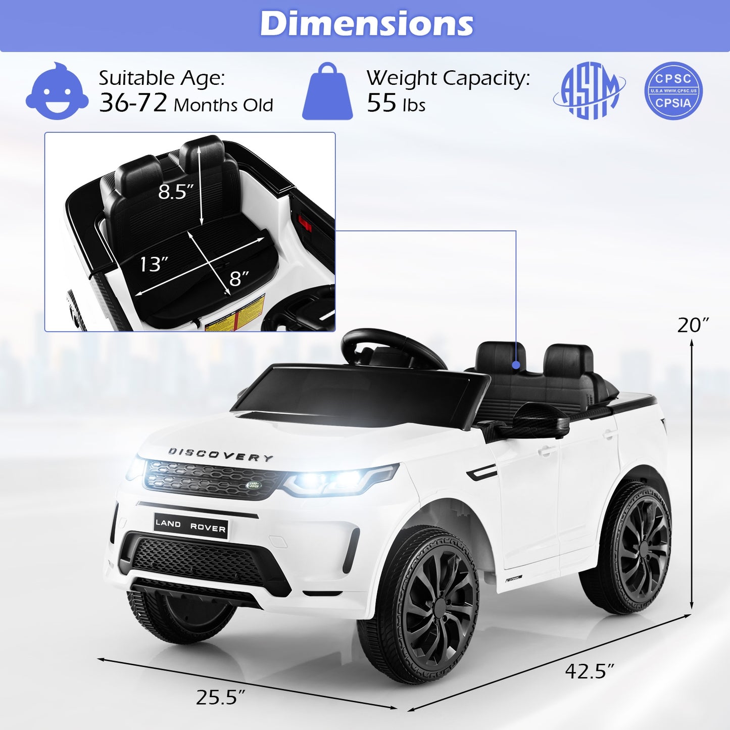 12V Kids Ride On Car with Remote Control Lockable Doors Slow Start System and LED Lights-White Kids Crystal