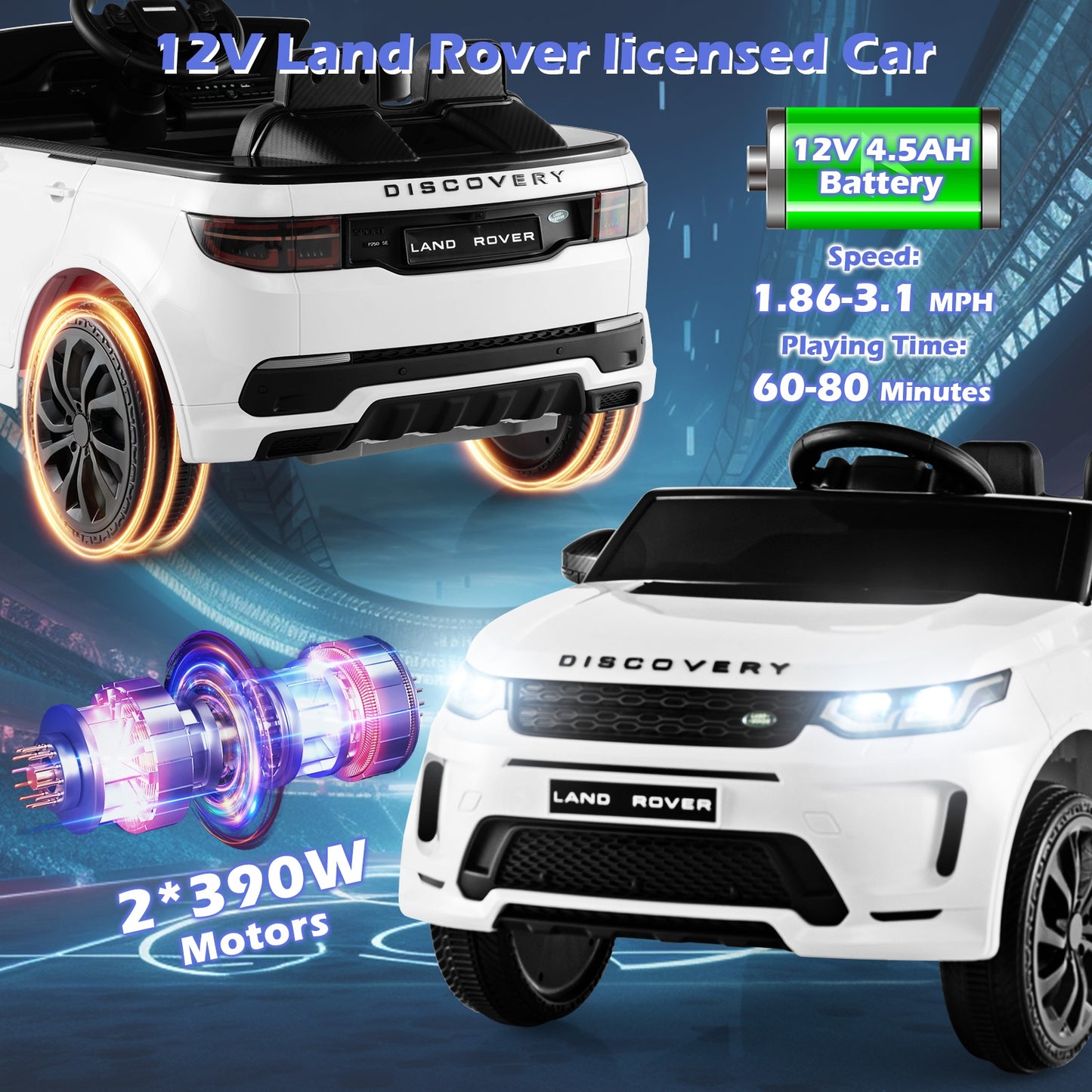 12V Kids Ride On Car with Remote Control Lockable Doors Slow Start System and LED Lights-White Kids Crystal
