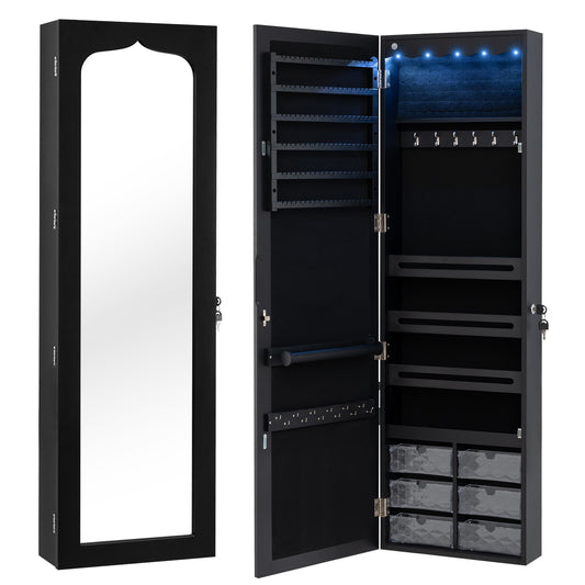 Door Hanging Mirror Jewelry Armoire with Full Length Mirror and 6 Drawers-Black Kids Crystal