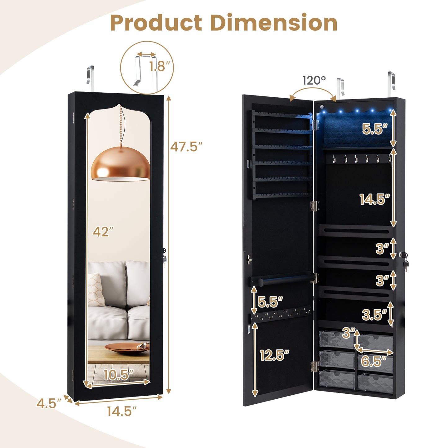 Door Hanging Mirror Jewelry Armoire with Full Length Mirror and 6 Drawers-Black