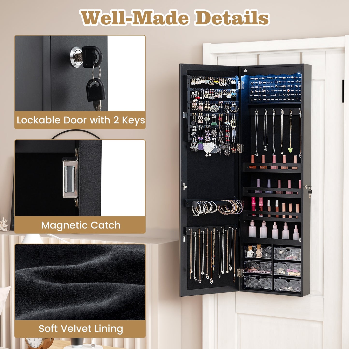 Door Hanging Mirror Jewelry Armoire with Full Length Mirror and 6 Drawers-Black