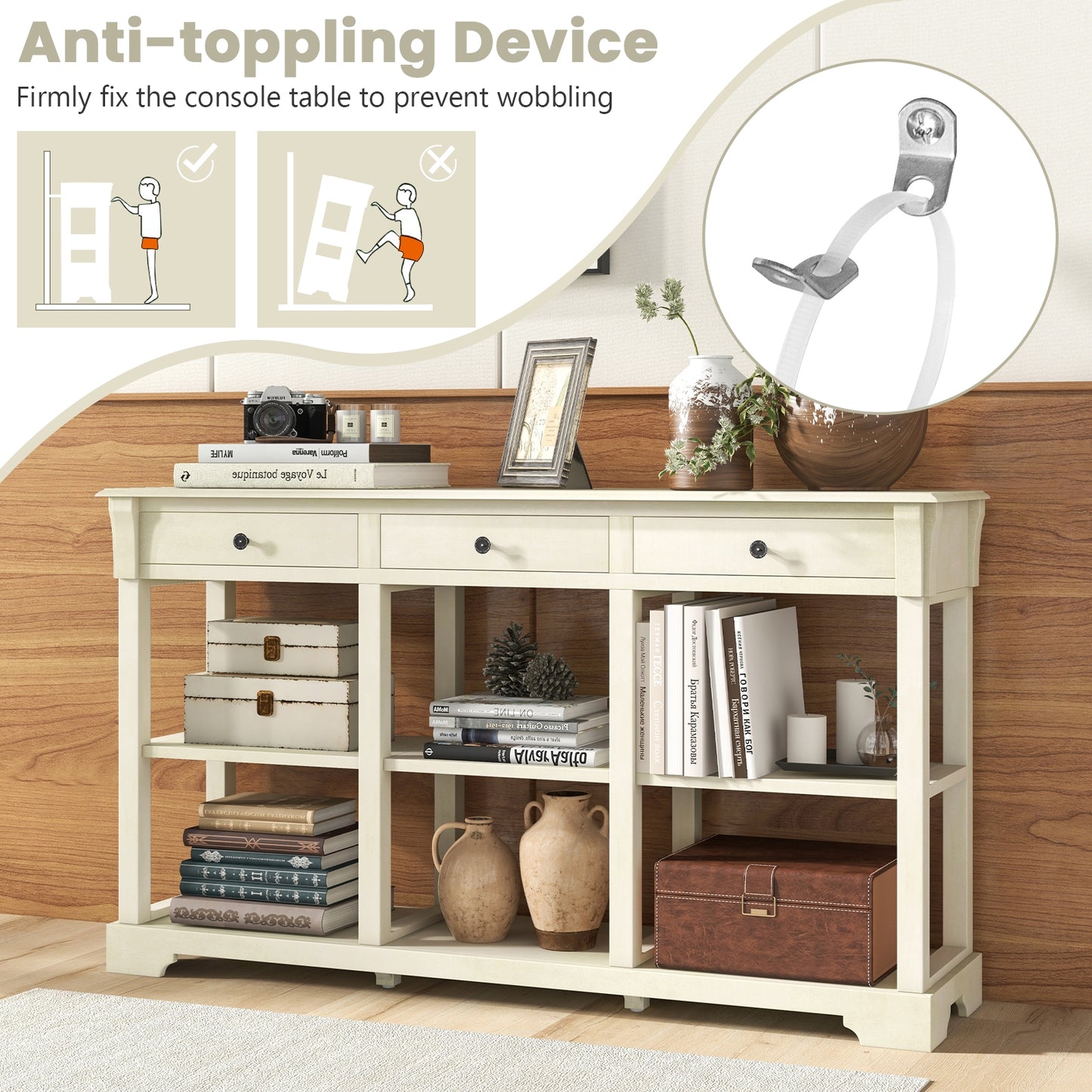 58 Inch Retro Console Table with 3 Drawers and Open Shelves Rectangular Entryway Table-White Kids Crystal