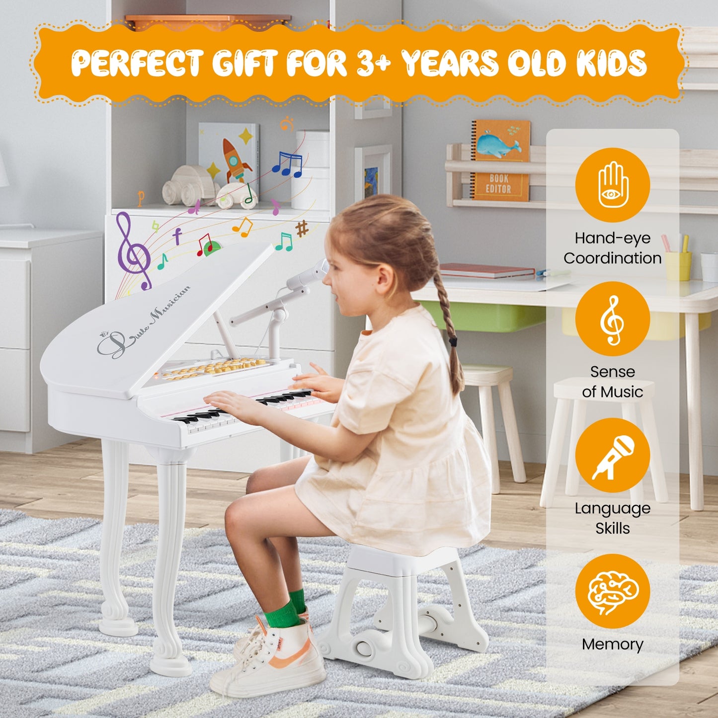 37 Keys Kids Piano Keyboard with Stool and Piano Lid-White Kids Crystal