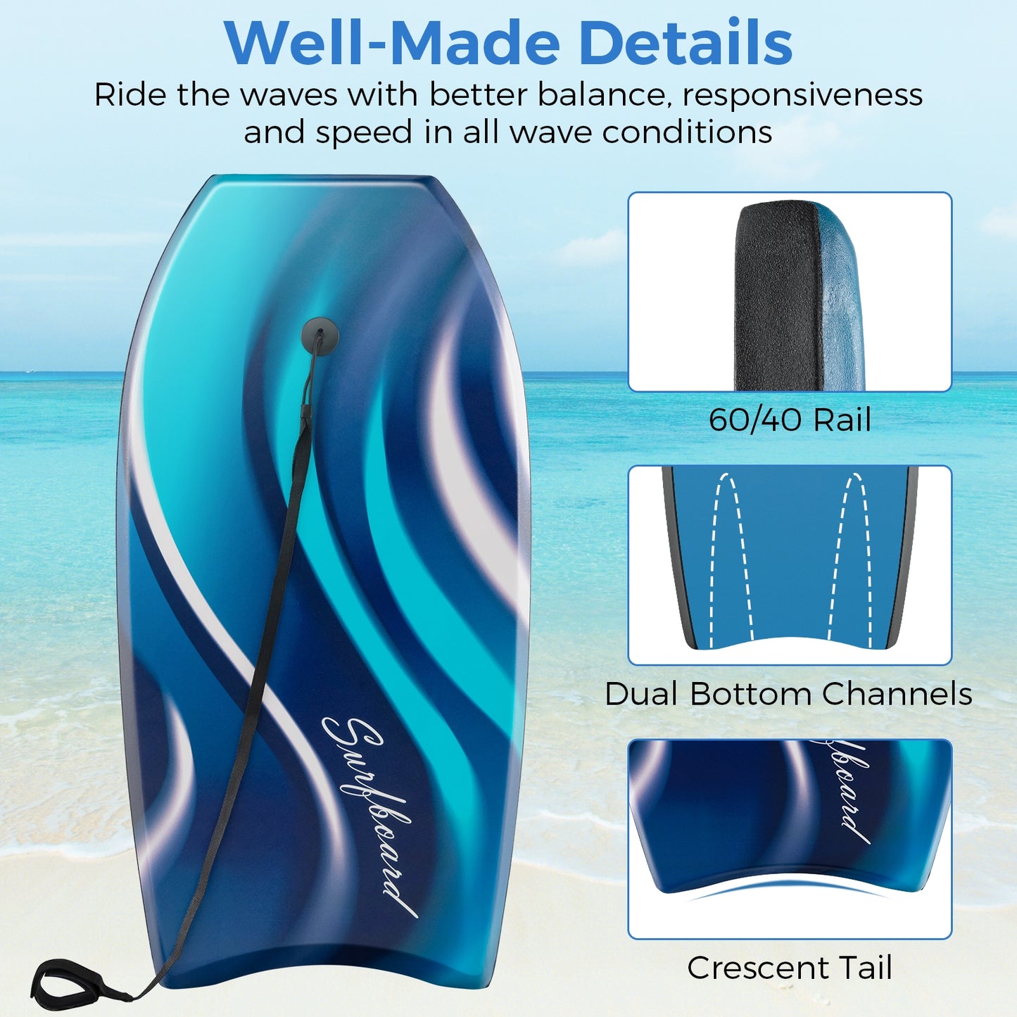 33/37/41 Inches Lightweight Body Board Boogie Board with EPS Core XPE Deck HDPE Bottom-S Kids Crystal