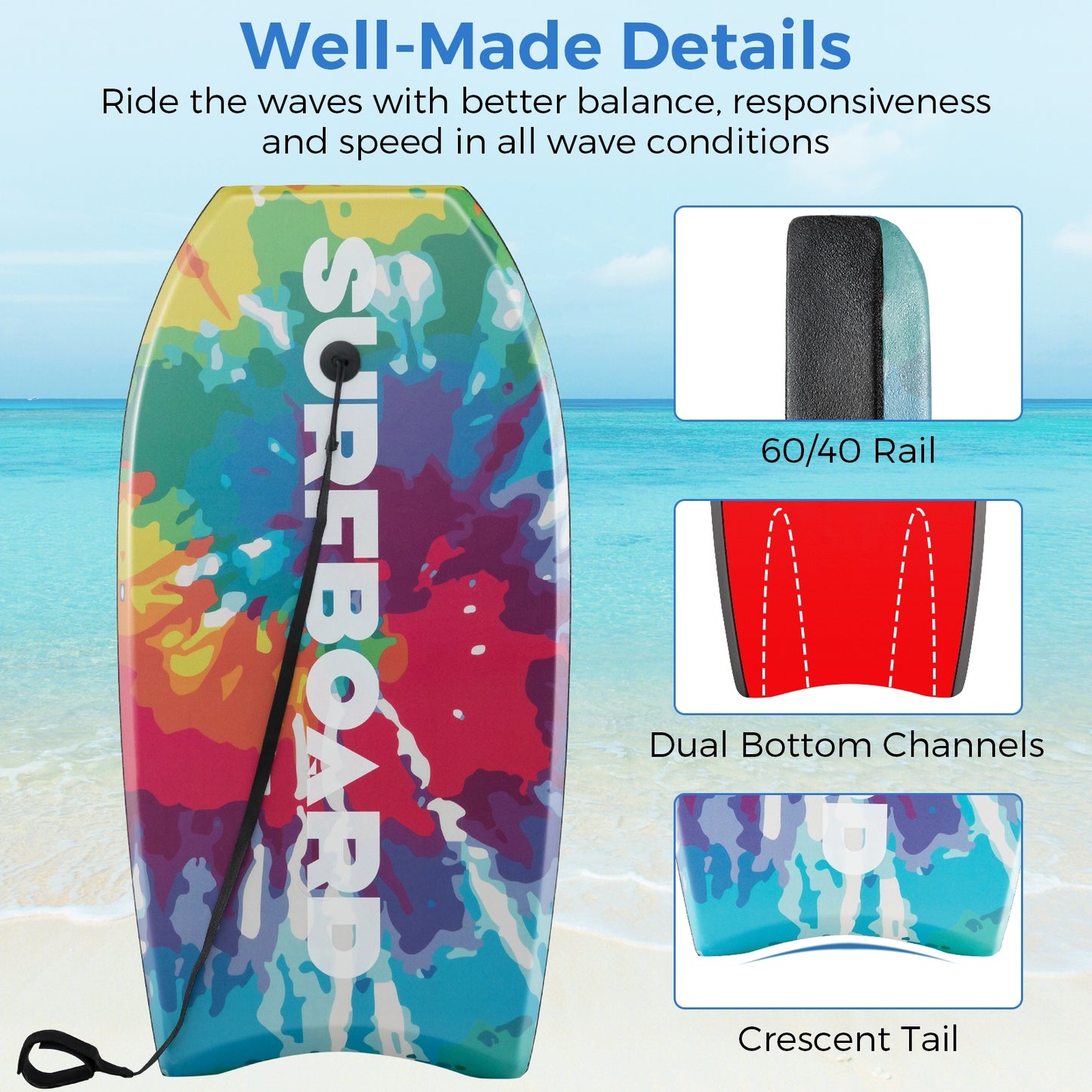 33/37/41 Inches Lightweight Body Board Boogie Board with EPS Core XPE Deck HDPE Bottom Multicolor1-S Kids Crystal
