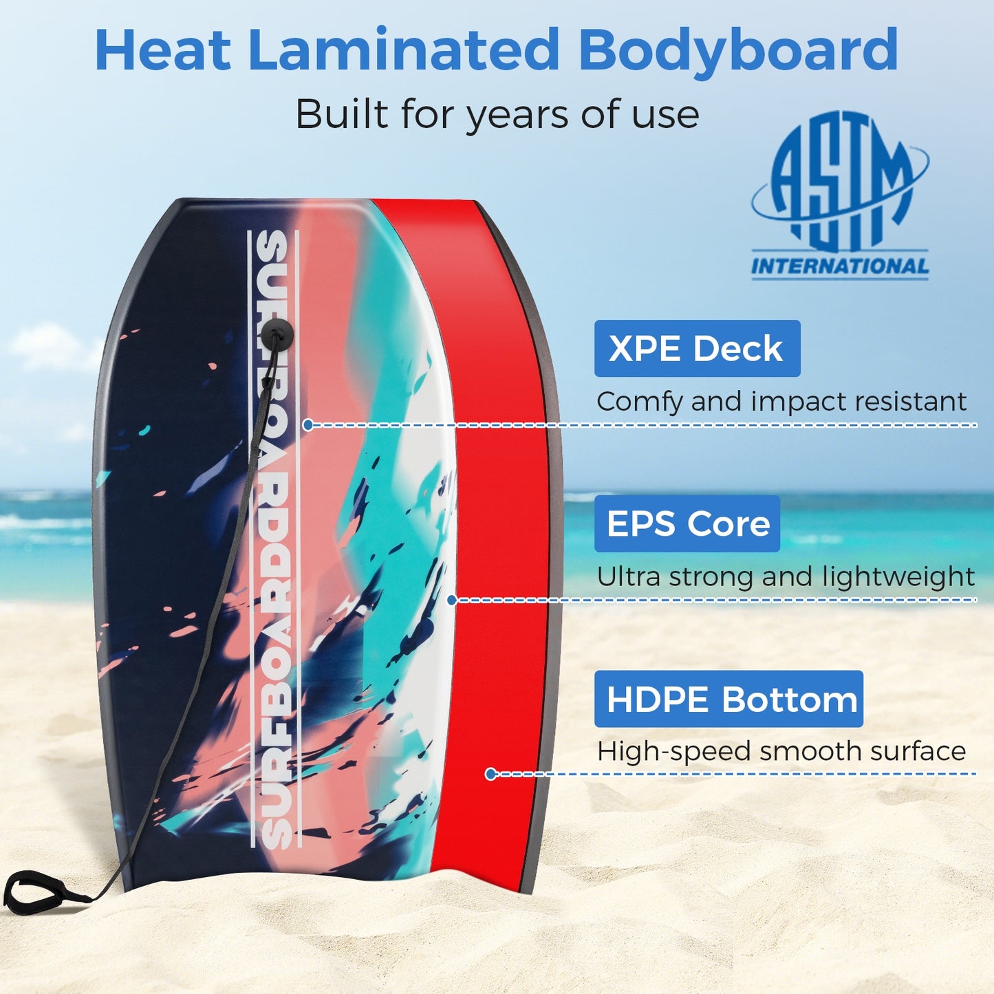 33/37/41 Inches Lightweight Body Board Boogie Board with EPS Core XPE Deck HDPE Bottom Multicolor2-S Kids Crystal