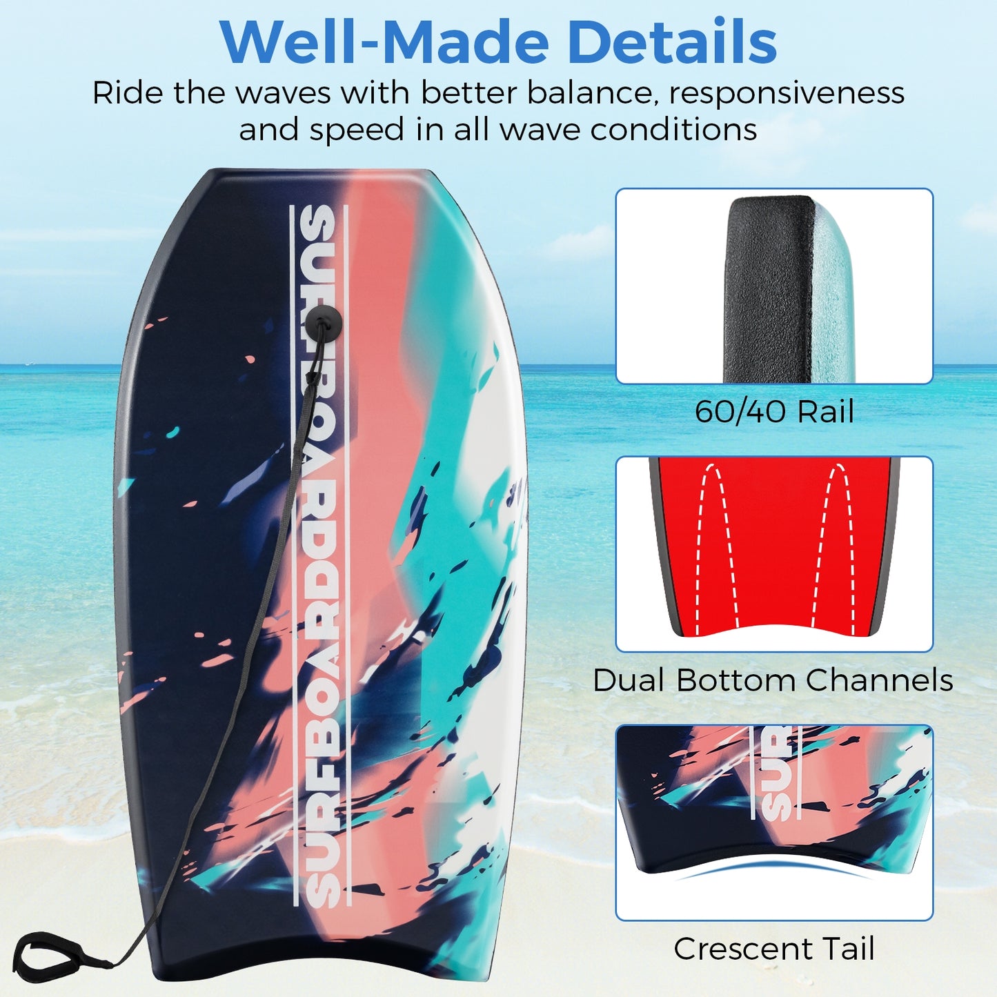 33/37/41 Inches Lightweight Body Board Boogie Board with EPS Core XPE Deck HDPE Bottom Multicolor2-S Kids Crystal