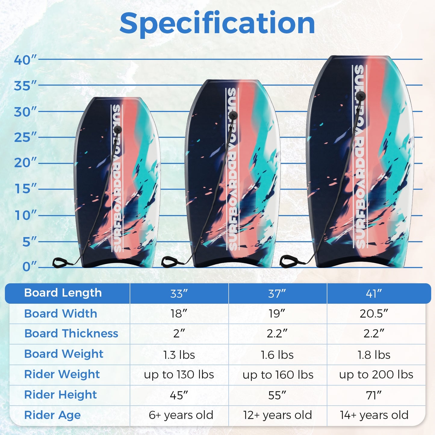 33/37/41 Inches Lightweight Body Board Boogie Board with EPS Core XPE Deck HDPE Bottom Multicolor2-S Kids Crystal