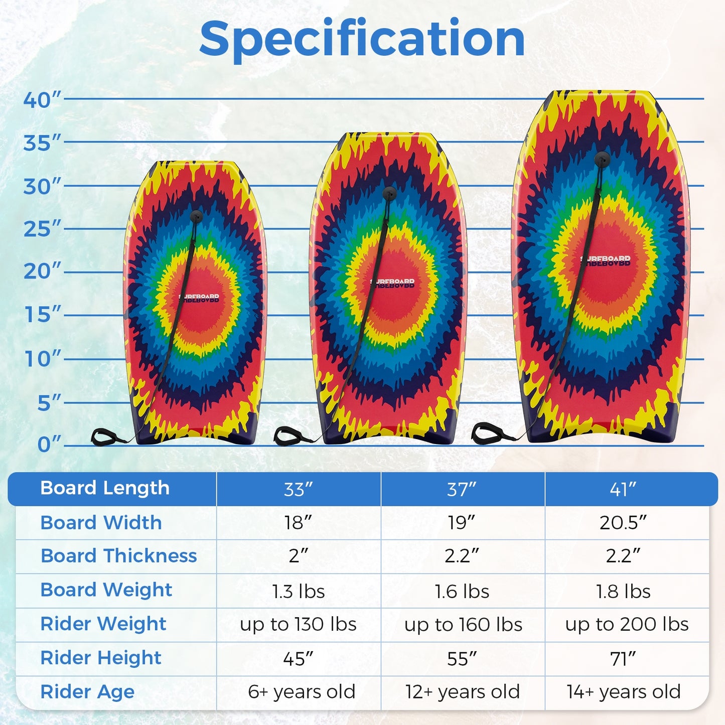33/37/41 Inches Lightweight Body Board Boogie Board with EPS Core XPE Deck HDPE Bottom Multicolor3-S Kids Crystal