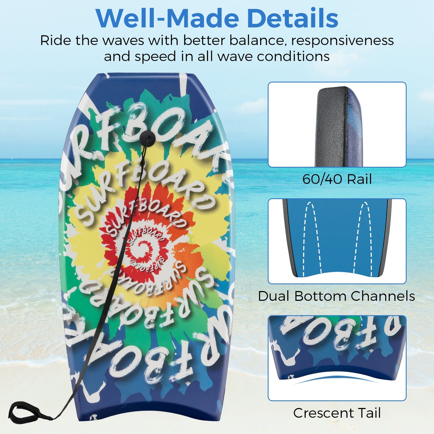 33/37/41 Inches Lightweight Body Board Boogie Board with EPS Core XPE Deck HDPE Bottom Multicolor4-S Kids Crystal