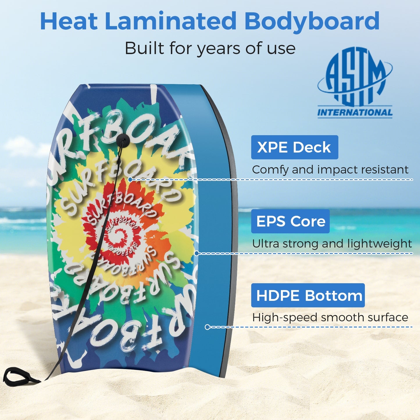 33/37/41 Inches Lightweight Body Board Boogie Board with EPS Core XPE Deck HDPE Bottom Multicolor4-S Kids Crystal