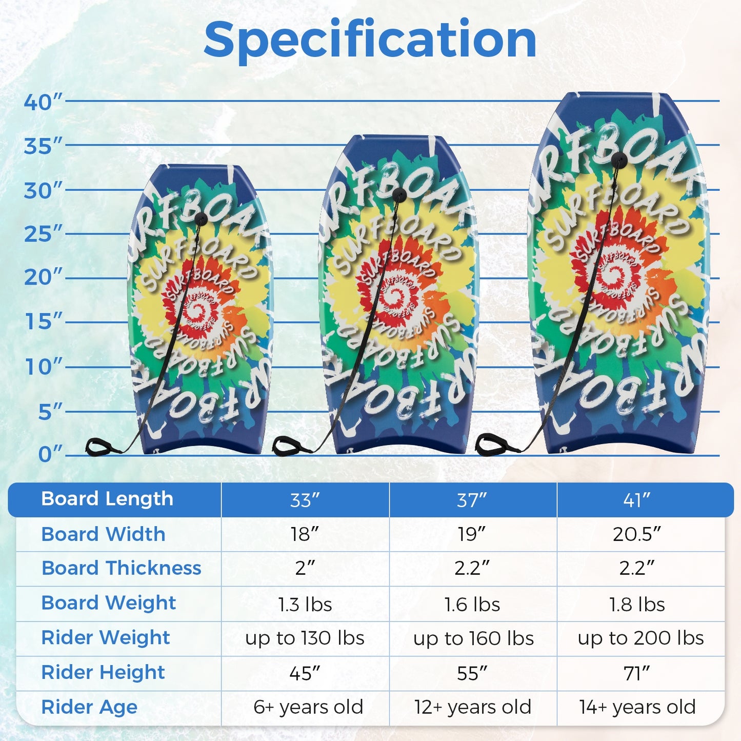 33/37/41 Inches Lightweight Body Board Boogie Board with EPS Core XPE Deck HDPE Bottom Multicolor4-S Kids Crystal