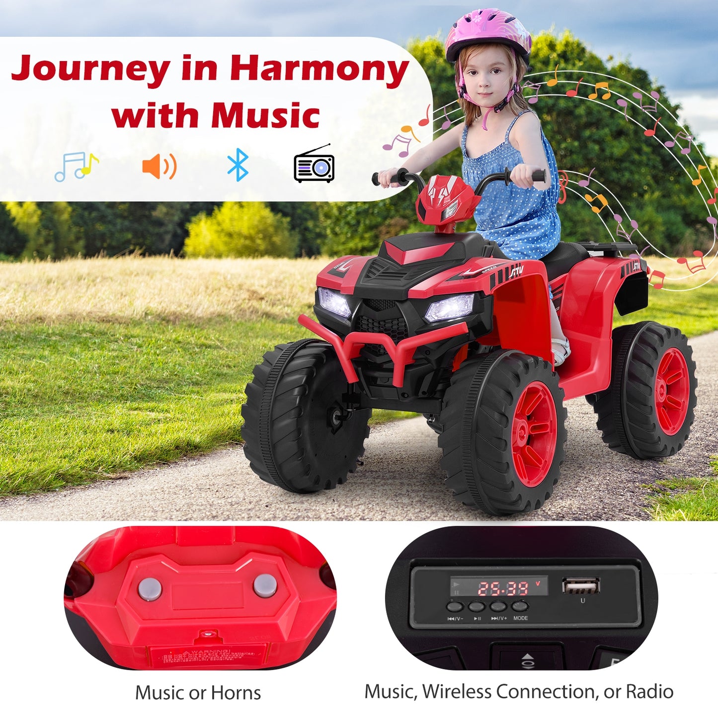 24V Kids Ride-On Electric ATV with Wireless Connection for Toddlers 3-8 Years Old-Red Kids Crystal