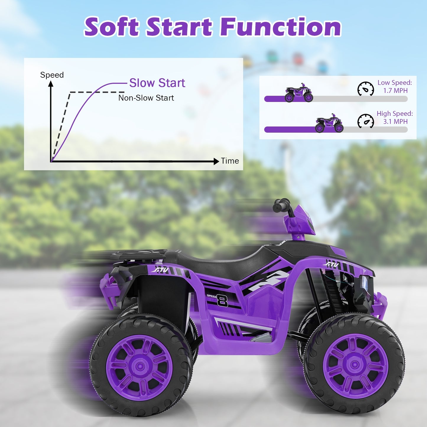 24V Kids Ride-On Electric ATV with Wireless Connection for Toddlers 3-8 Years Old-Purple Kids Crystal