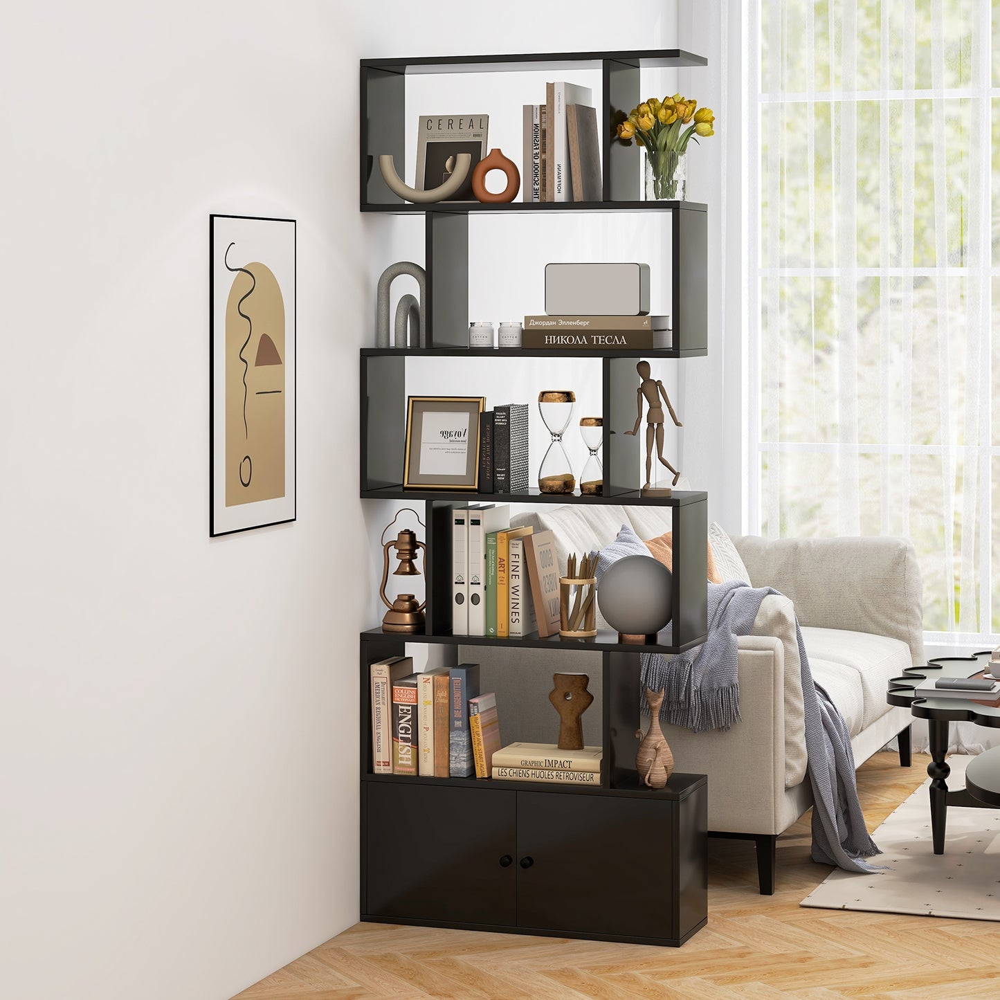 6-Tier S-Shaped Freestanding Bookshelf with Cabinet and Doors-Black Kids Crystal