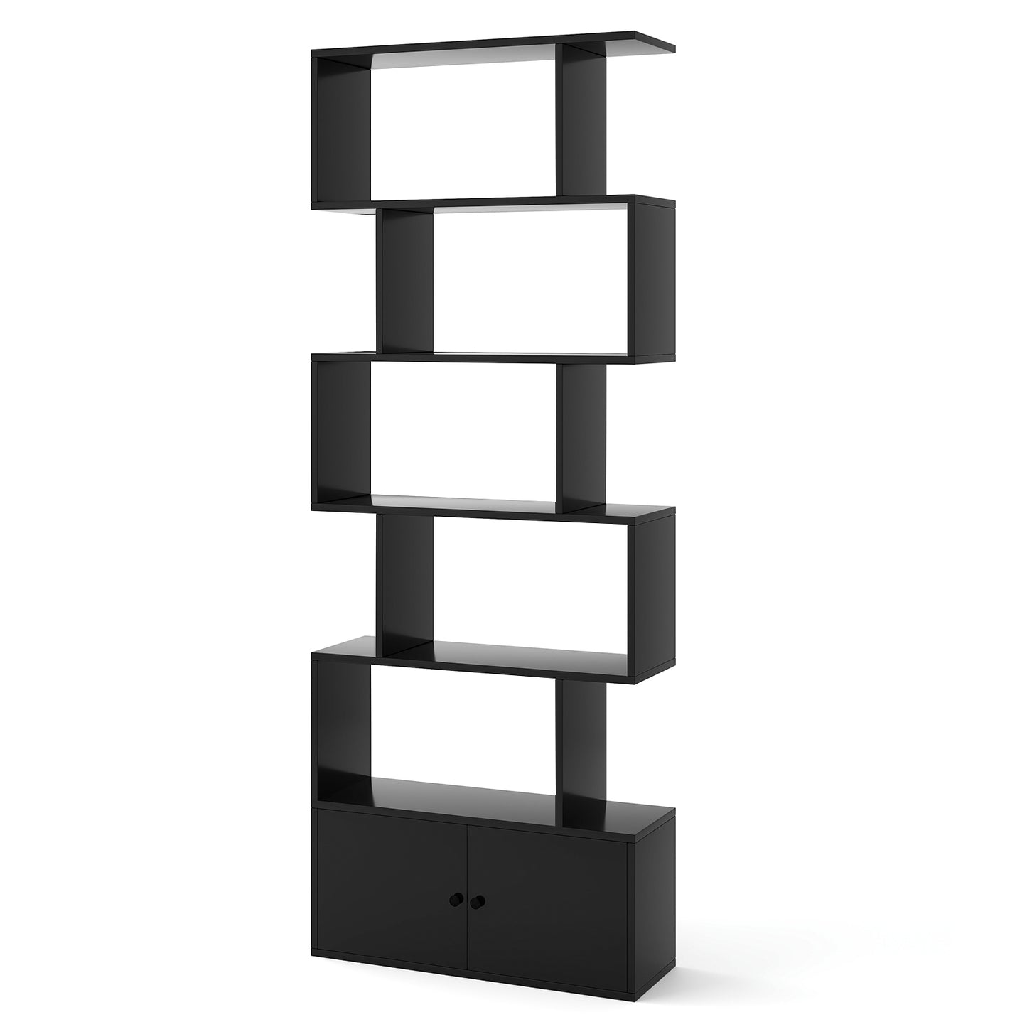 6-Tier S-Shaped Freestanding Bookshelf with Cabinet and Doors-Black Kids Crystal