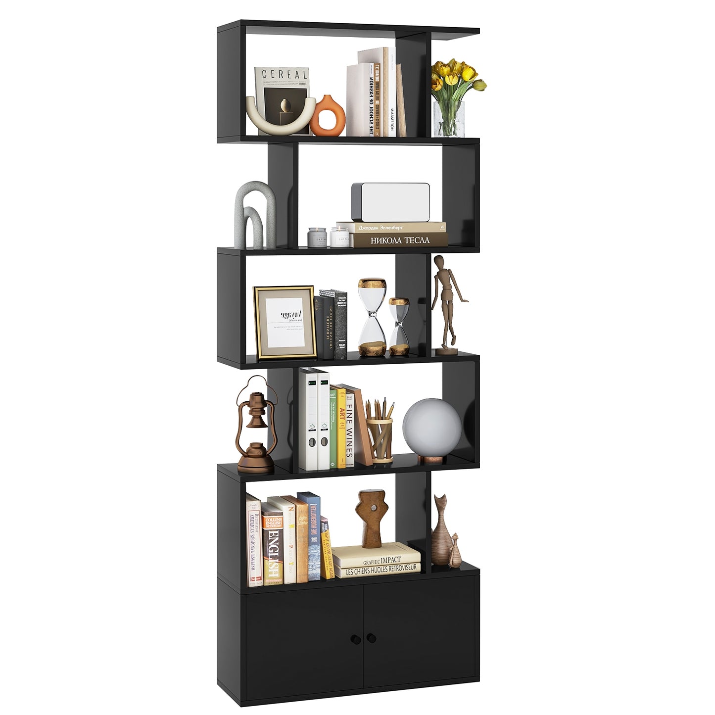6-Tier S-Shaped Freestanding Bookshelf with Cabinet and Doors-Black Kids Crystal