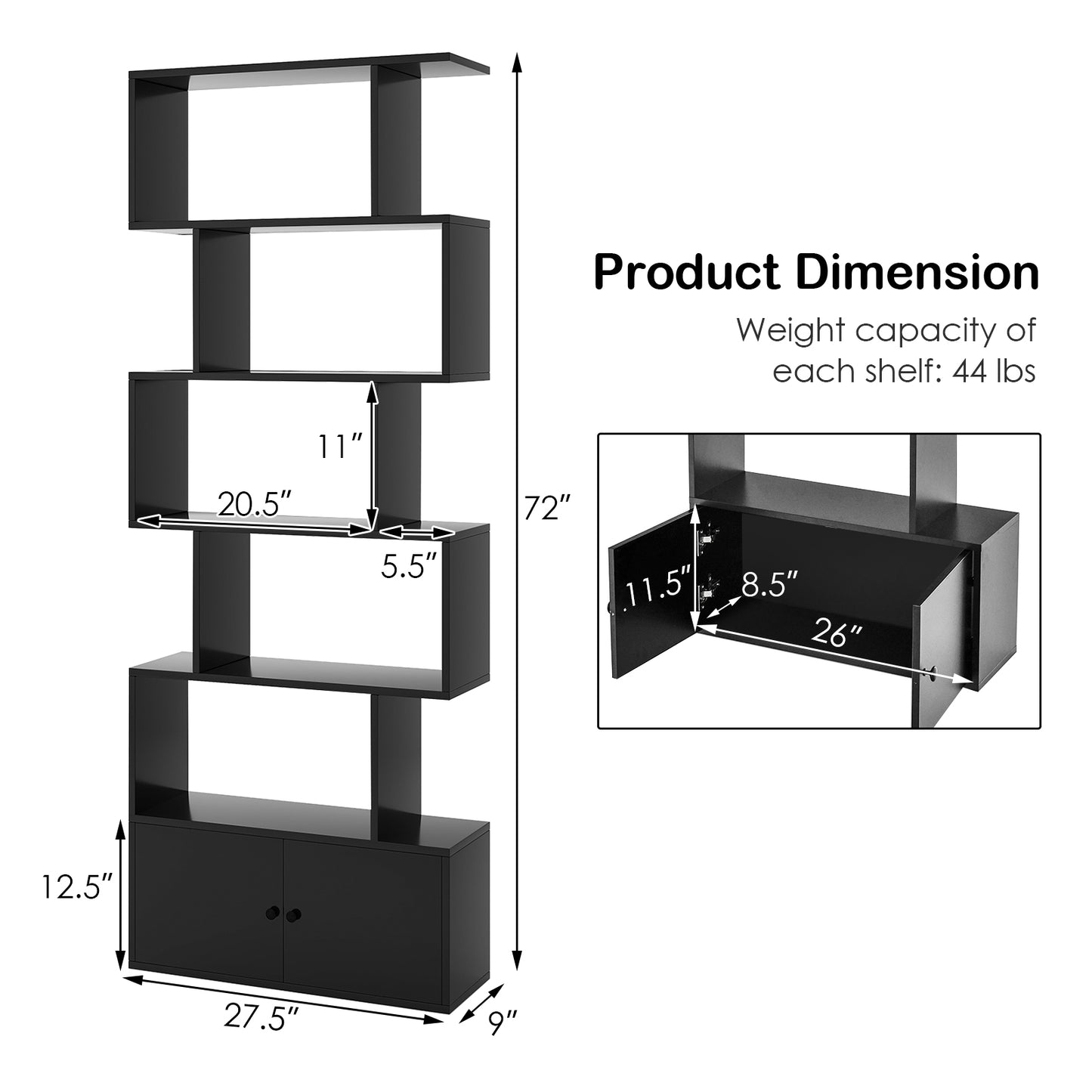 6-Tier S-Shaped Freestanding Bookshelf with Cabinet and Doors-Black Kids Crystal