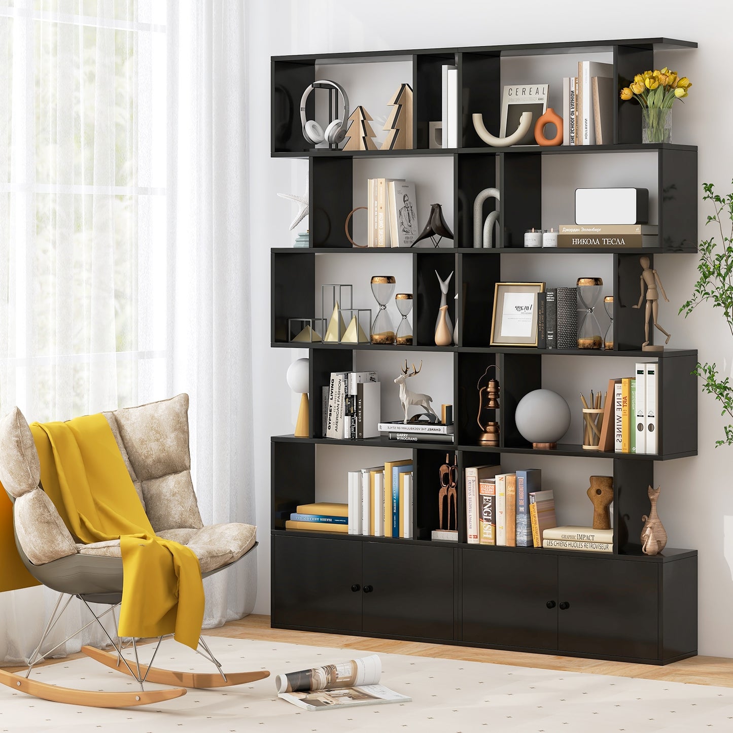 6-Tier S-Shaped Freestanding Bookshelf with Cabinet and Doors-Black Kids Crystal