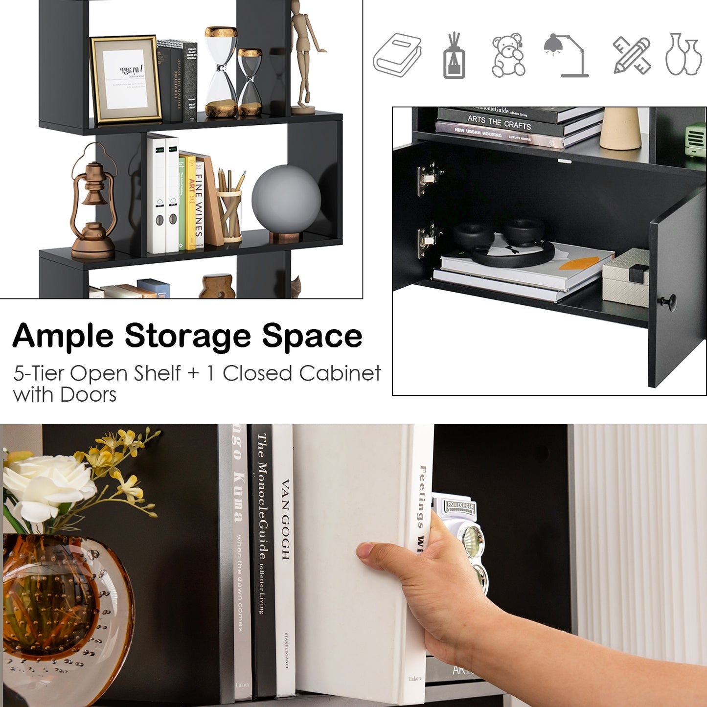 6-Tier S-Shaped Freestanding Bookshelf with Cabinet and Doors-Black Kids Crystal