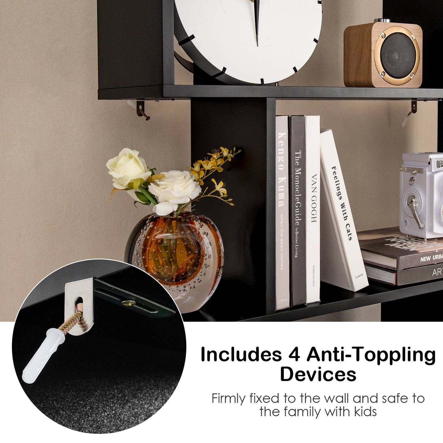 6-Tier S-Shaped Freestanding Bookshelf with Cabinet and Doors-Black Kids Crystal