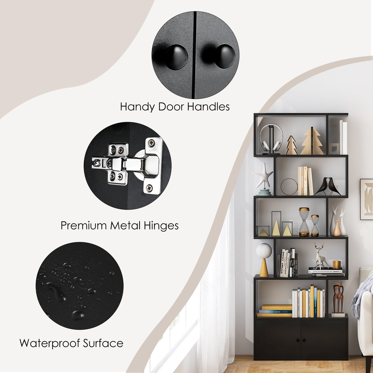 6-Tier S-Shaped Freestanding Bookshelf with Cabinet and Doors-Black Kids Crystal