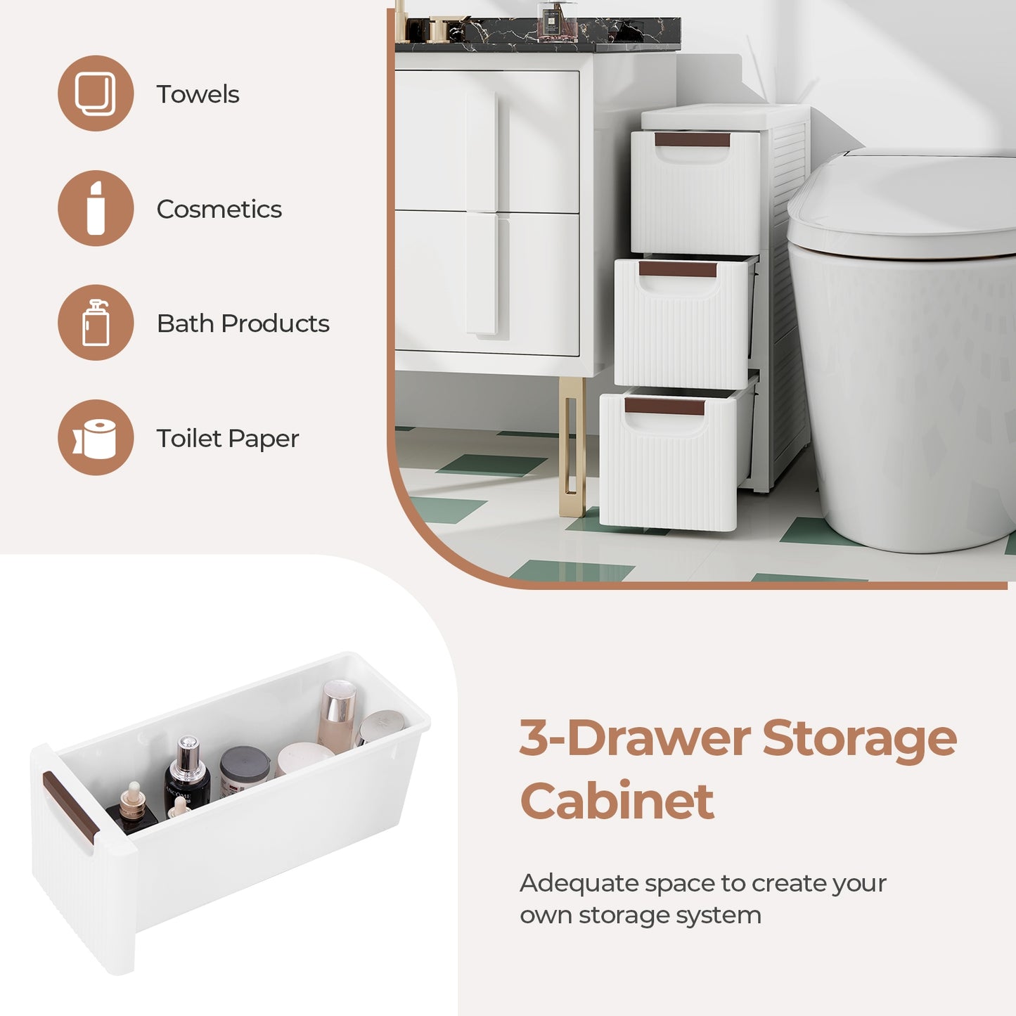 3/4/5/6-Drawer Rolling Organizer Unit Narrow Storage Cabinet with Built-In Wheels for Small Space-3-Drawer Kids Crystal
