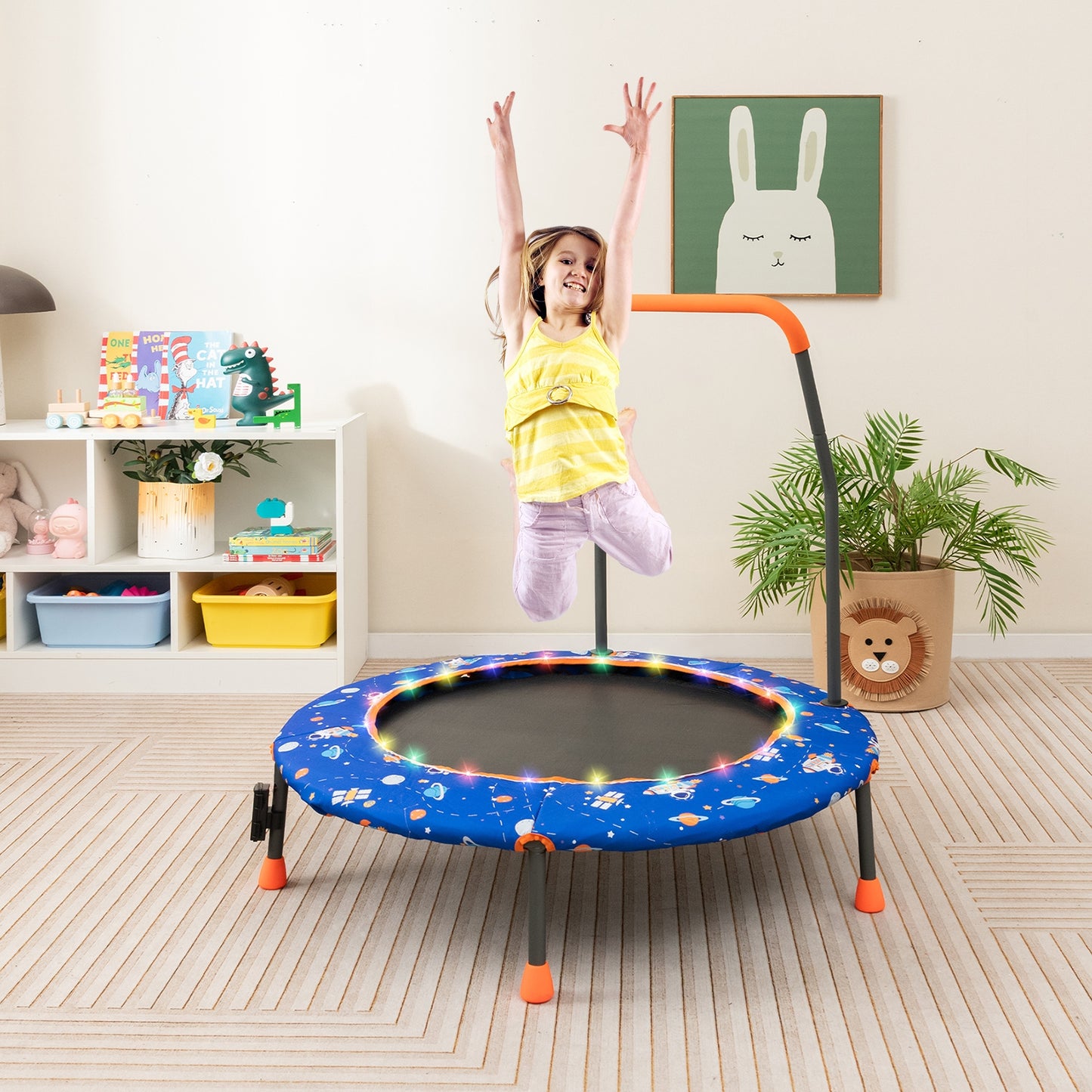 36 Inch Mini Trampoline with Colorful LED Lights and Bluetooth Speaker-Blue Kids Crystal