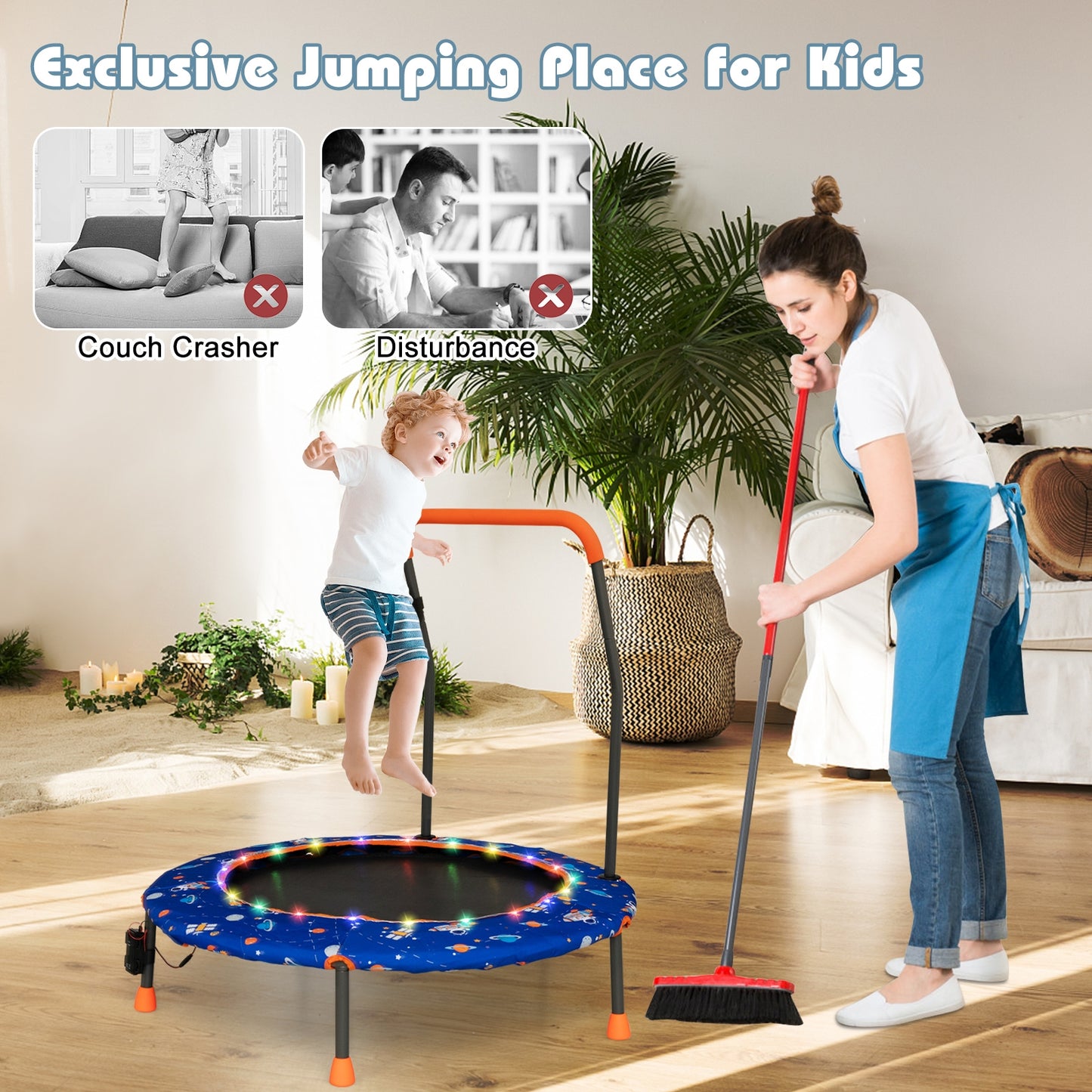 36 Inch Mini Trampoline with Colorful LED Lights and Bluetooth Speaker-Blue Kids Crystal