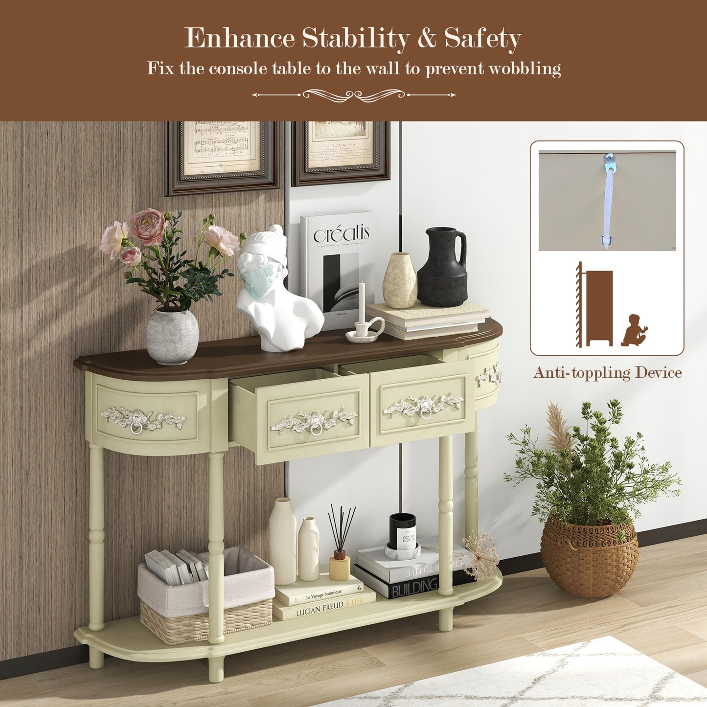 Retro Curved Console Table with Drawers and Solid Wood Legs-Beige Kids Crystal