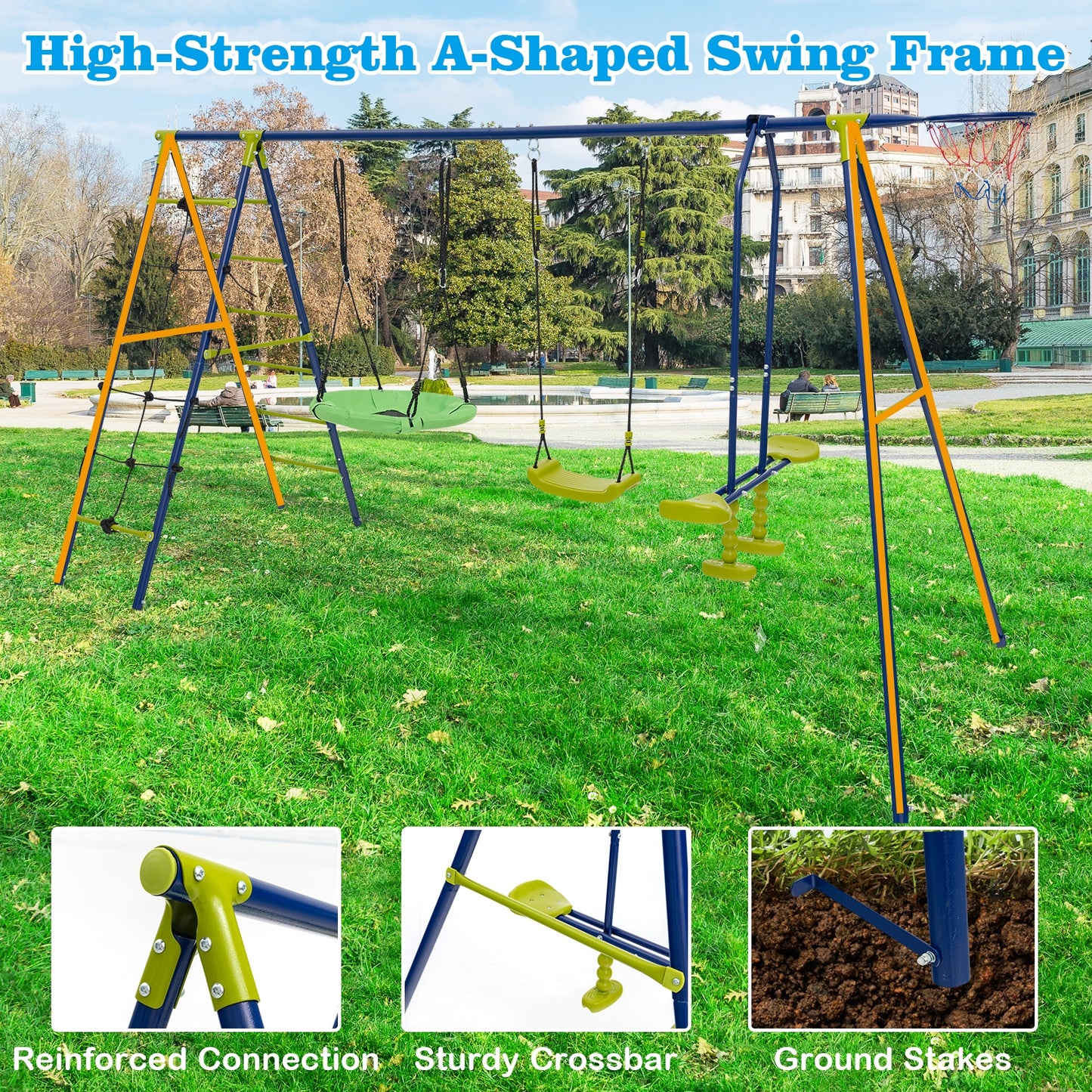 550 LBS 6-in-1 Patio Kids Swing Set with Climbing Net and Ladder-Green Kids Crystal