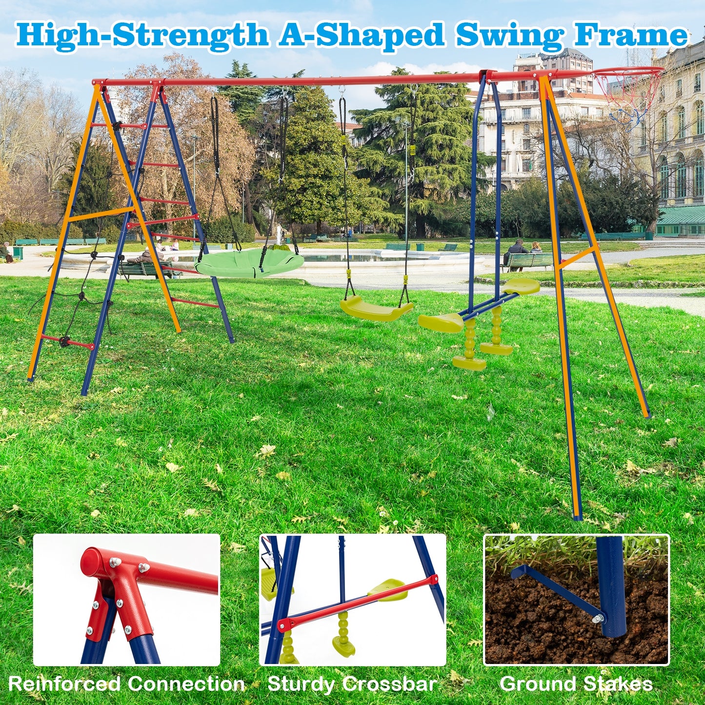 550 LBS 6-in-1 Patio Kids Swing Set with Climbing Net and Ladder-Red Kids Crystal