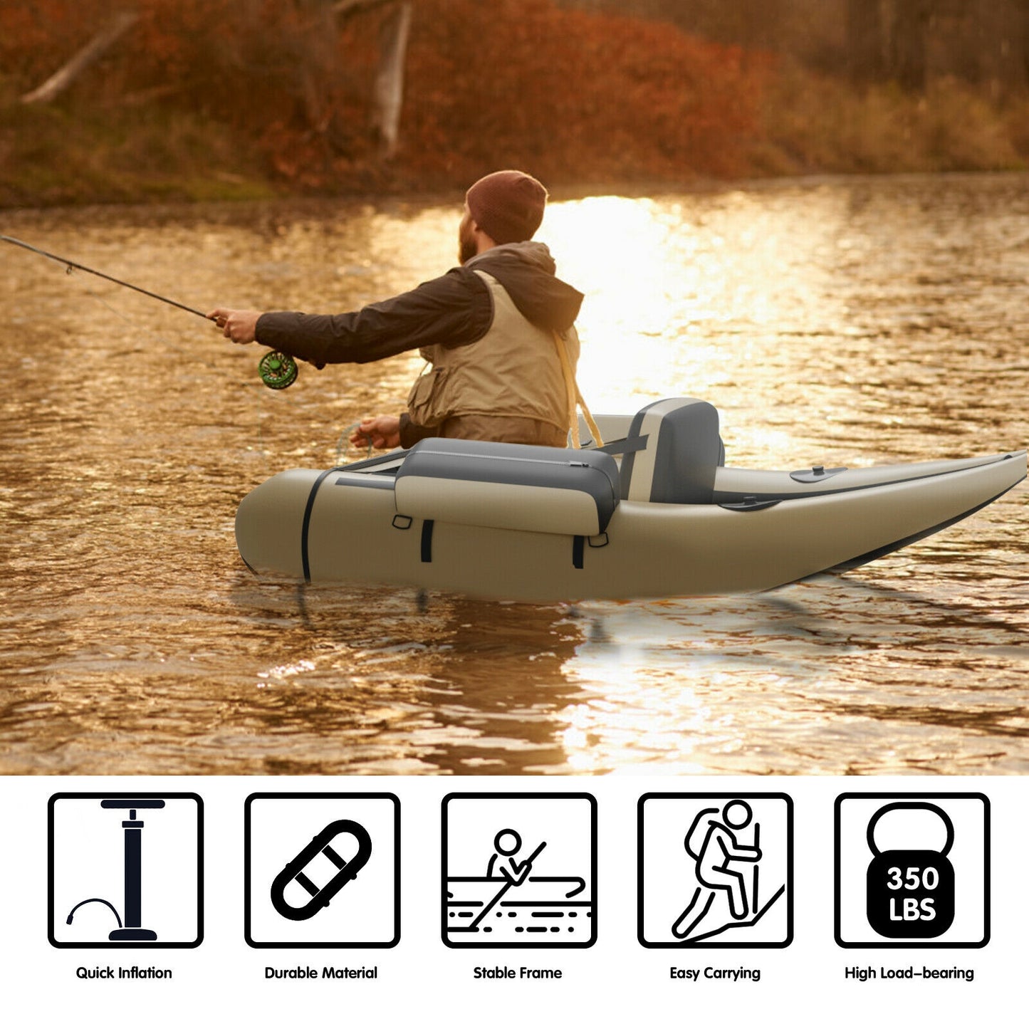 Inflatable Fishing Float Tube with Pump Storage Pockets and Fish Ruler-Beige Kids Crystal