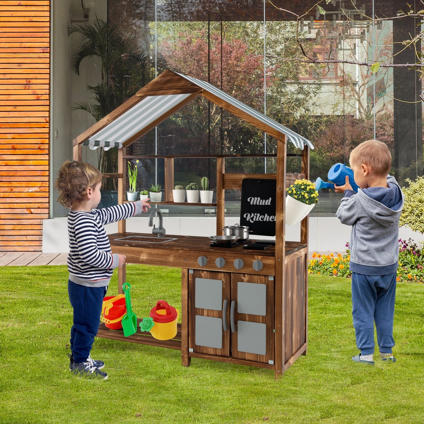 Kid's Mud Kitchen Outdoor Solid Wood Mud Kitchen with Canopy-Natural Kids Crystal