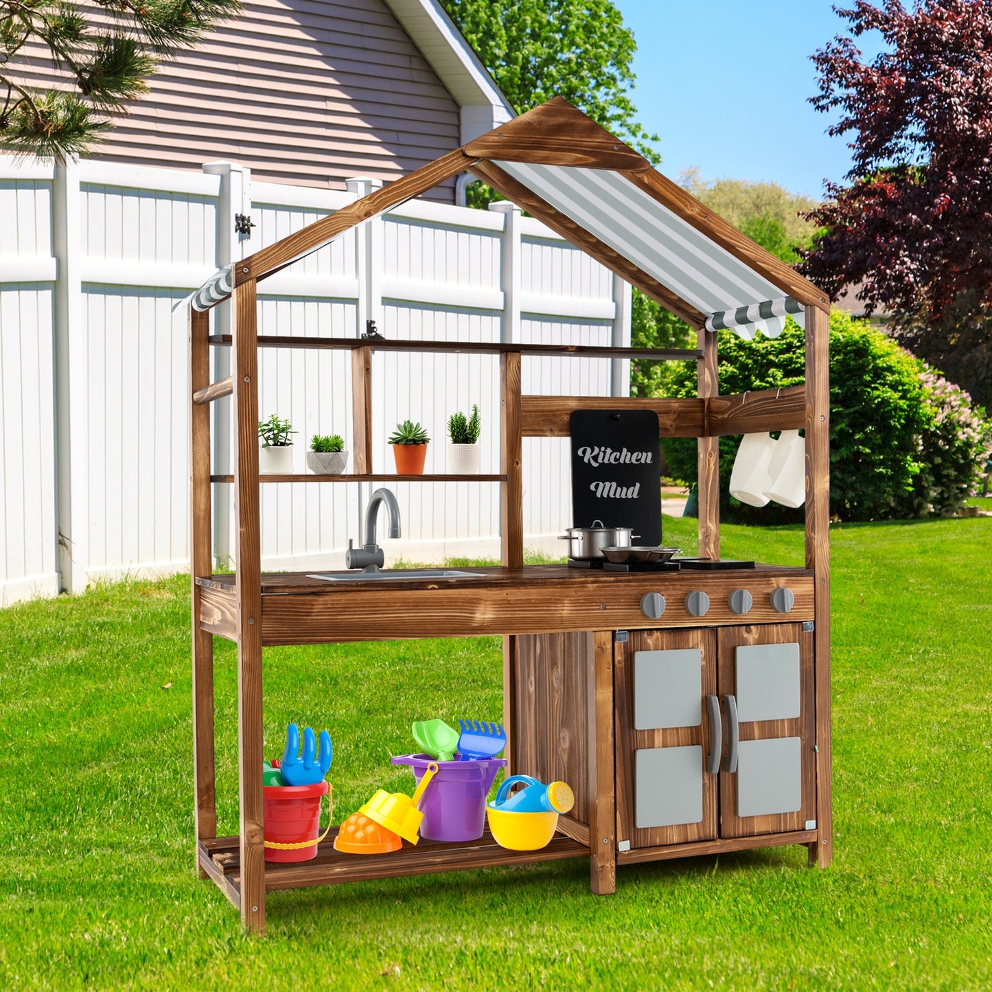Kid's Mud Kitchen Outdoor Solid Wood Mud Kitchen with Canopy-Natural Kids Crystal