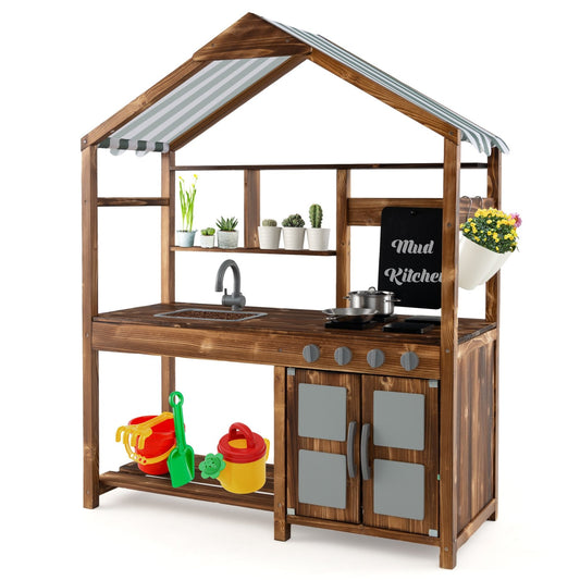 Kid's Mud Kitchen Outdoor Solid Wood Mud Kitchen with Canopy-Natural Kids Crystal