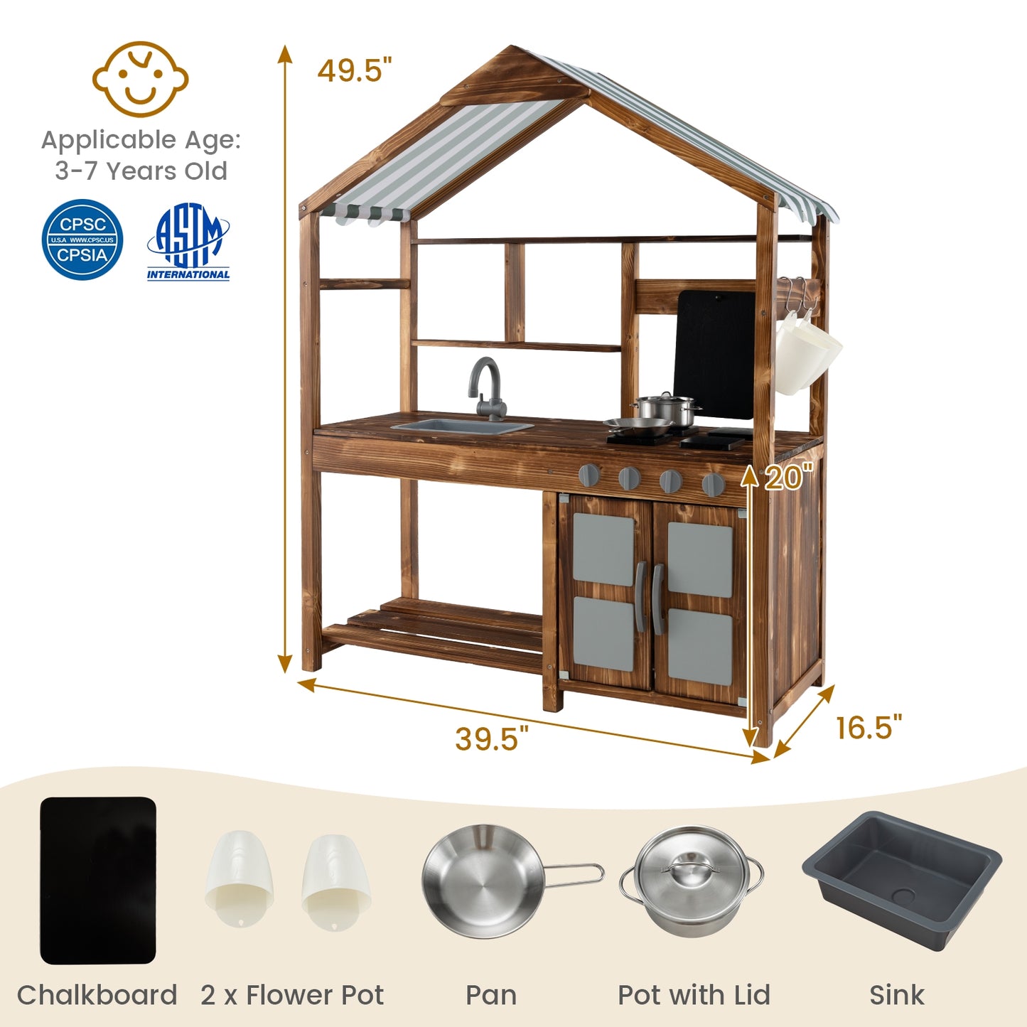 Kid's Mud Kitchen Outdoor Solid Wood Mud Kitchen with Canopy-Natural Kids Crystal