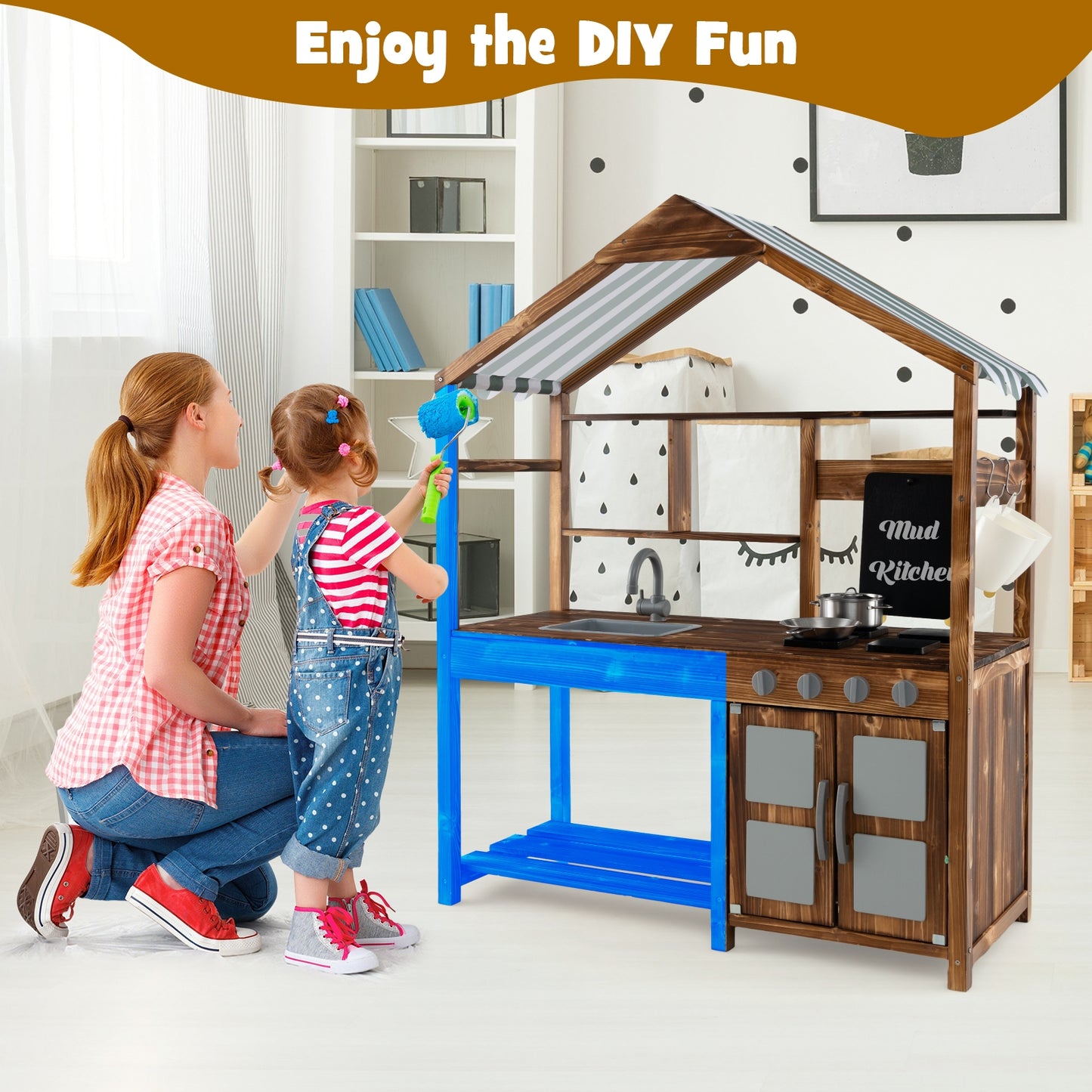 Kid's Mud Kitchen Outdoor Solid Wood Mud Kitchen with Canopy-Natural Kids Crystal