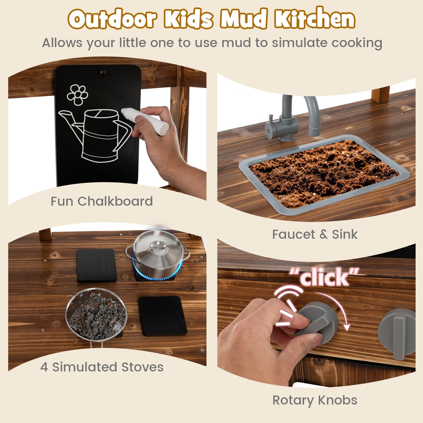 Kid's Mud Kitchen Outdoor Solid Wood Mud Kitchen with Canopy-Natural Kids Crystal