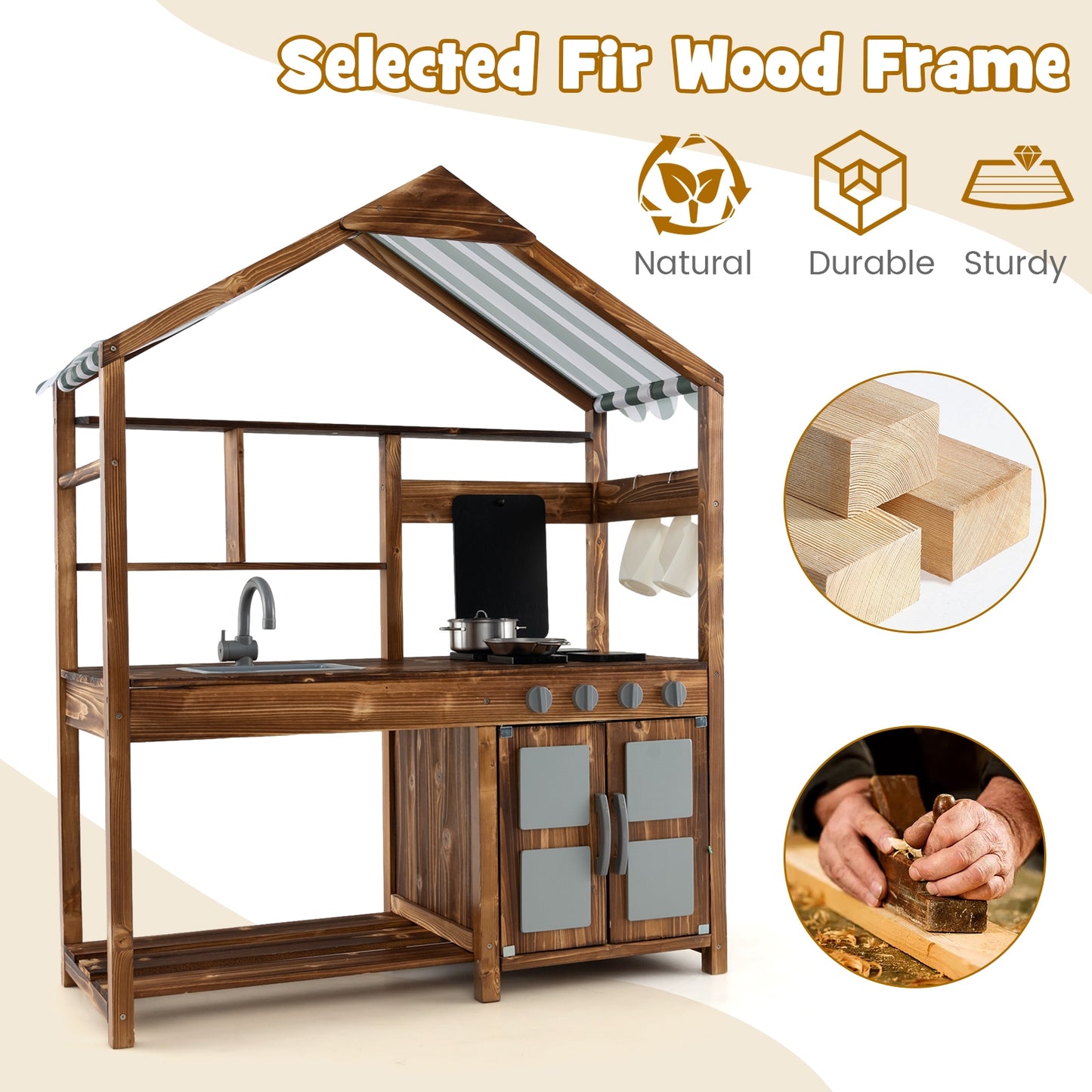 Kid's Mud Kitchen Outdoor Solid Wood Mud Kitchen with Canopy-Natural Kids Crystal