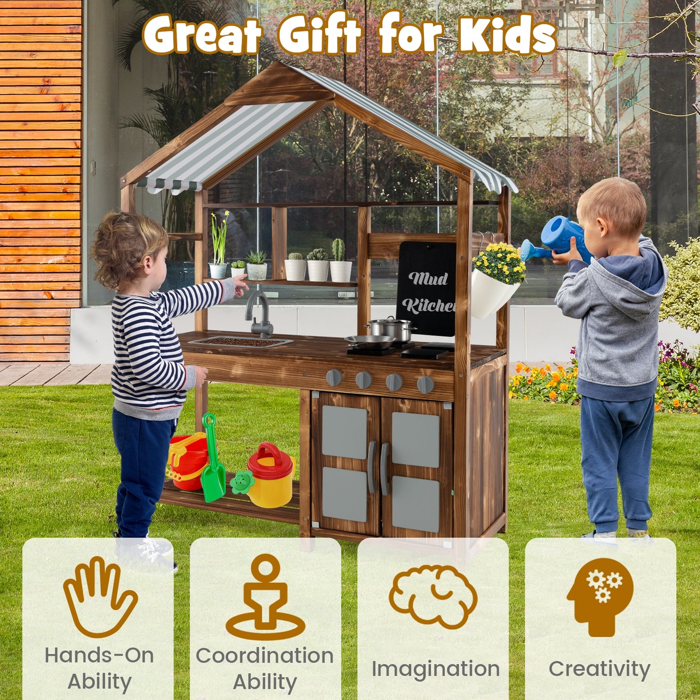 Kid's Mud Kitchen Outdoor Solid Wood Mud Kitchen with Canopy-Natural Kids Crystal