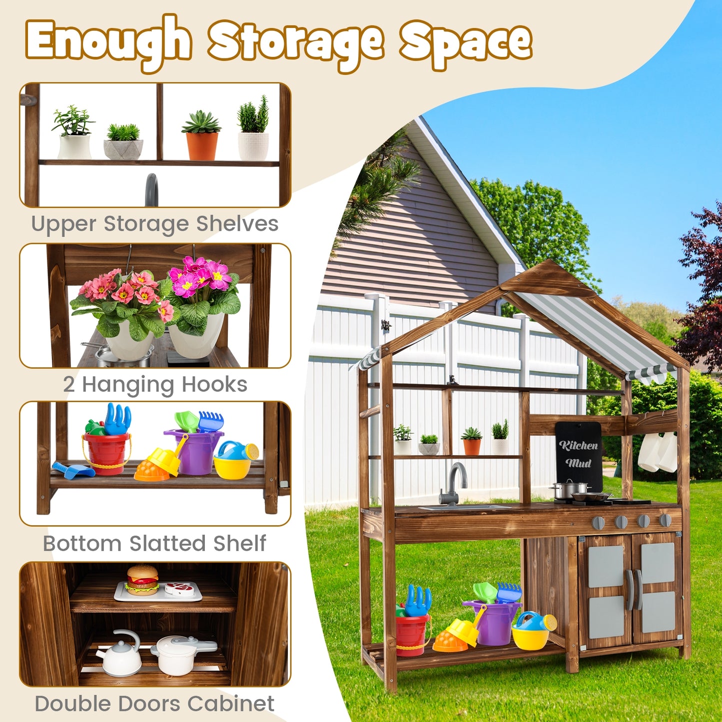 Kid's Mud Kitchen Outdoor Solid Wood Mud Kitchen with Canopy-Natural Kids Crystal