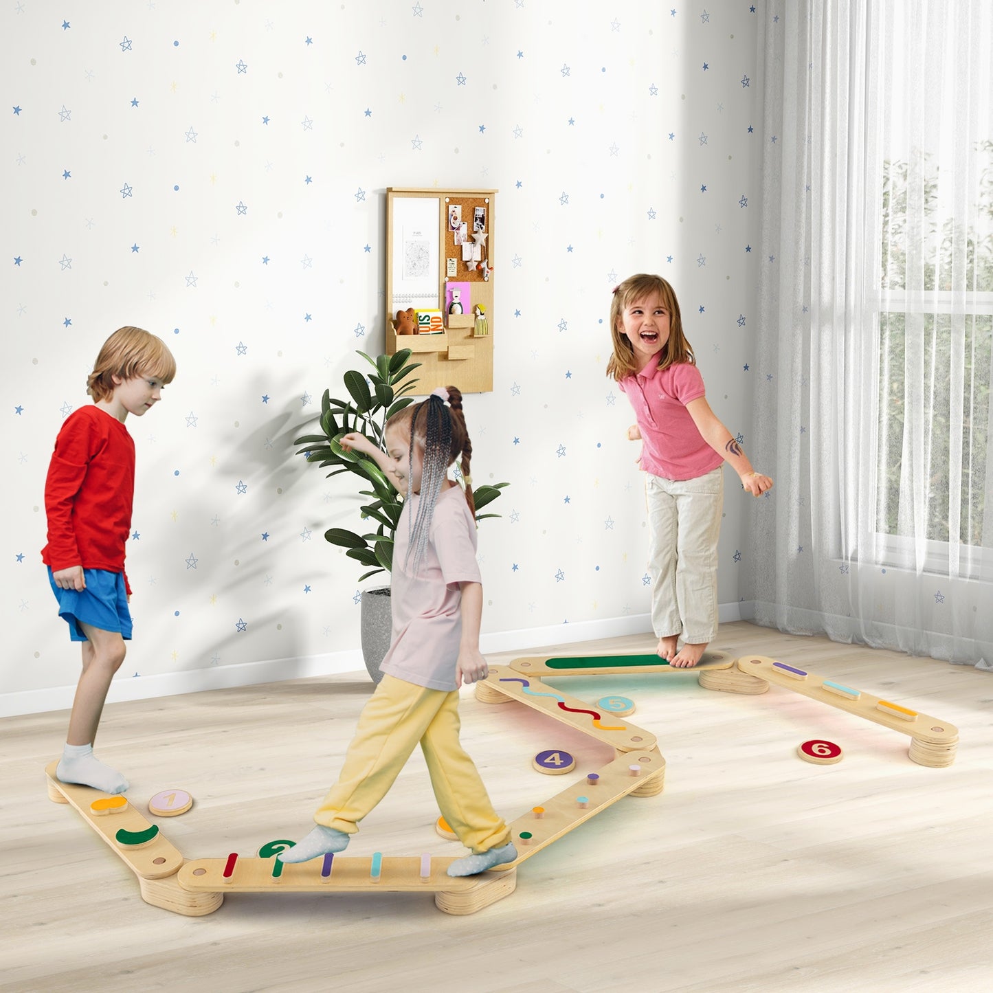 Montessori Balance Beam Set Wooden Balance Boards with Stepping Stones Kids Crystal