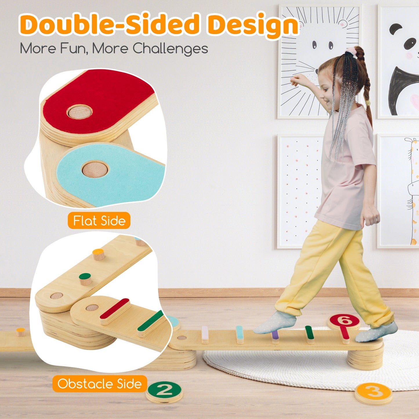 Montessori Balance Beam Set Wooden Balance Boards with Stepping Stones Kids Crystal