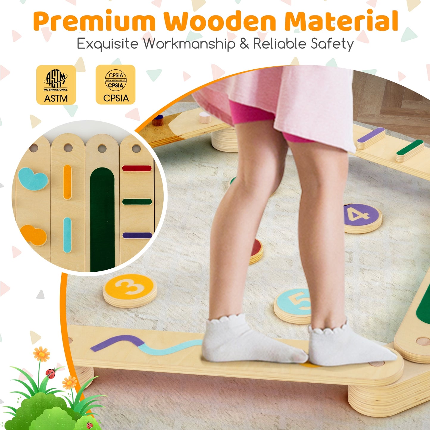 Montessori Balance Beam Set Wooden Balance Boards with Stepping Stones Kids Crystal
