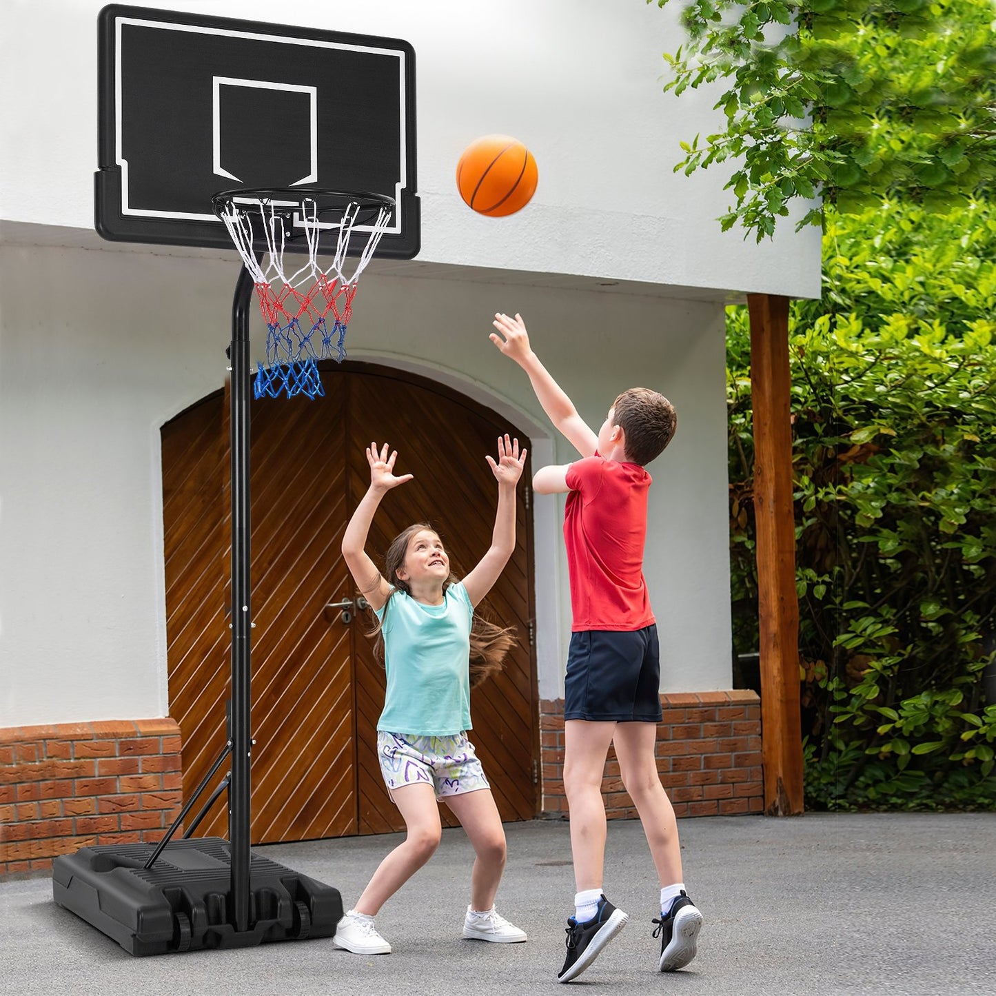 Portable Outdoor Basketball Hoop 6.9-8.5 FT Adjustable with Fillable Base Shatterproof PC Backboard Kids Crystal
