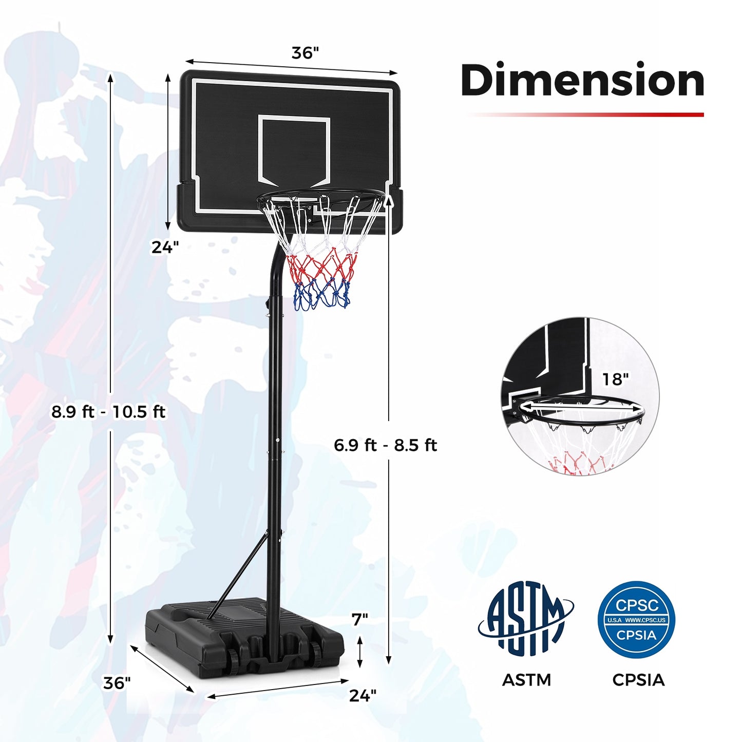Portable Outdoor Basketball Hoop 6.9-8.5 FT Adjustable with Fillable Base Shatterproof PC Backboard Kids Crystal