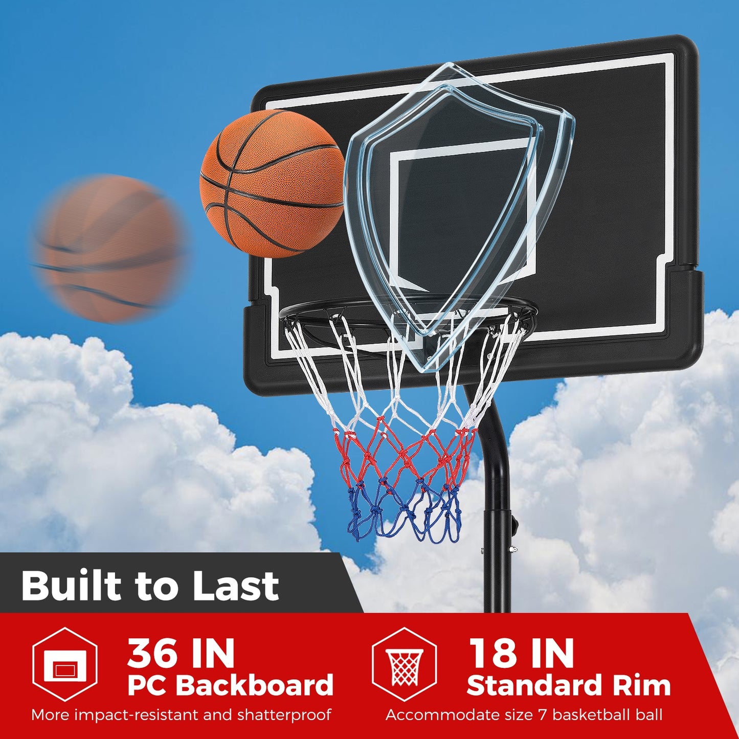 Portable Outdoor Basketball Hoop 6.9-8.5 FT Adjustable with Fillable Base Shatterproof PC Backboard Kids Crystal