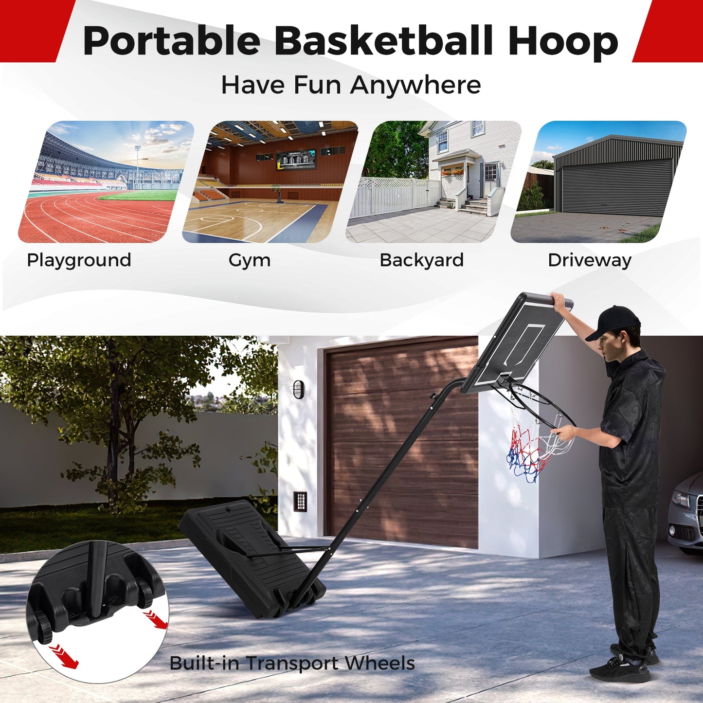 Portable Outdoor Basketball Hoop 6.9-8.5 FT Adjustable with Fillable Base Shatterproof PC Backboard Kids Crystal