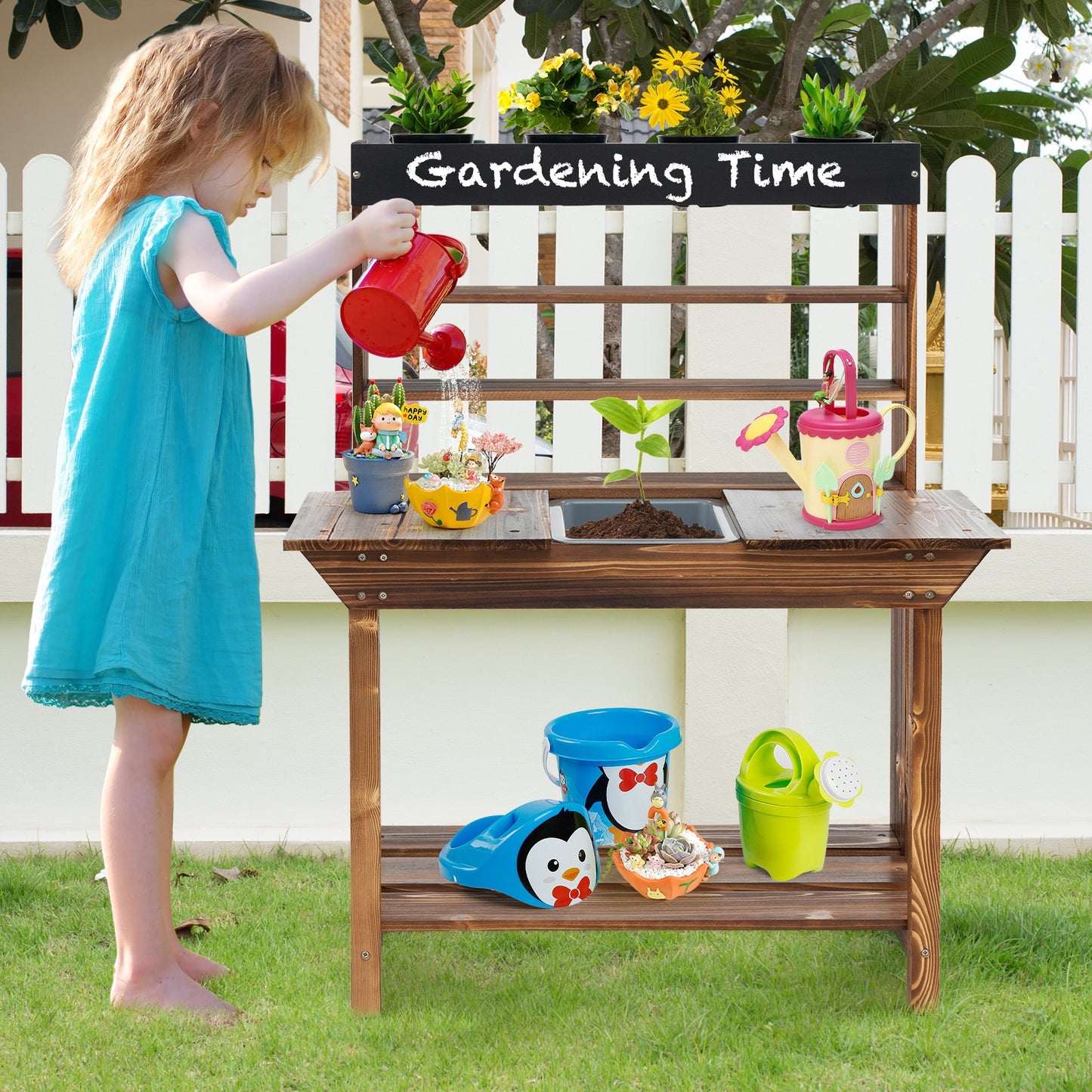 Wooden Potting Bench Table Outdoor Mud Kitchen with Solid Fir Wood Frame-Natural Kids Crystal